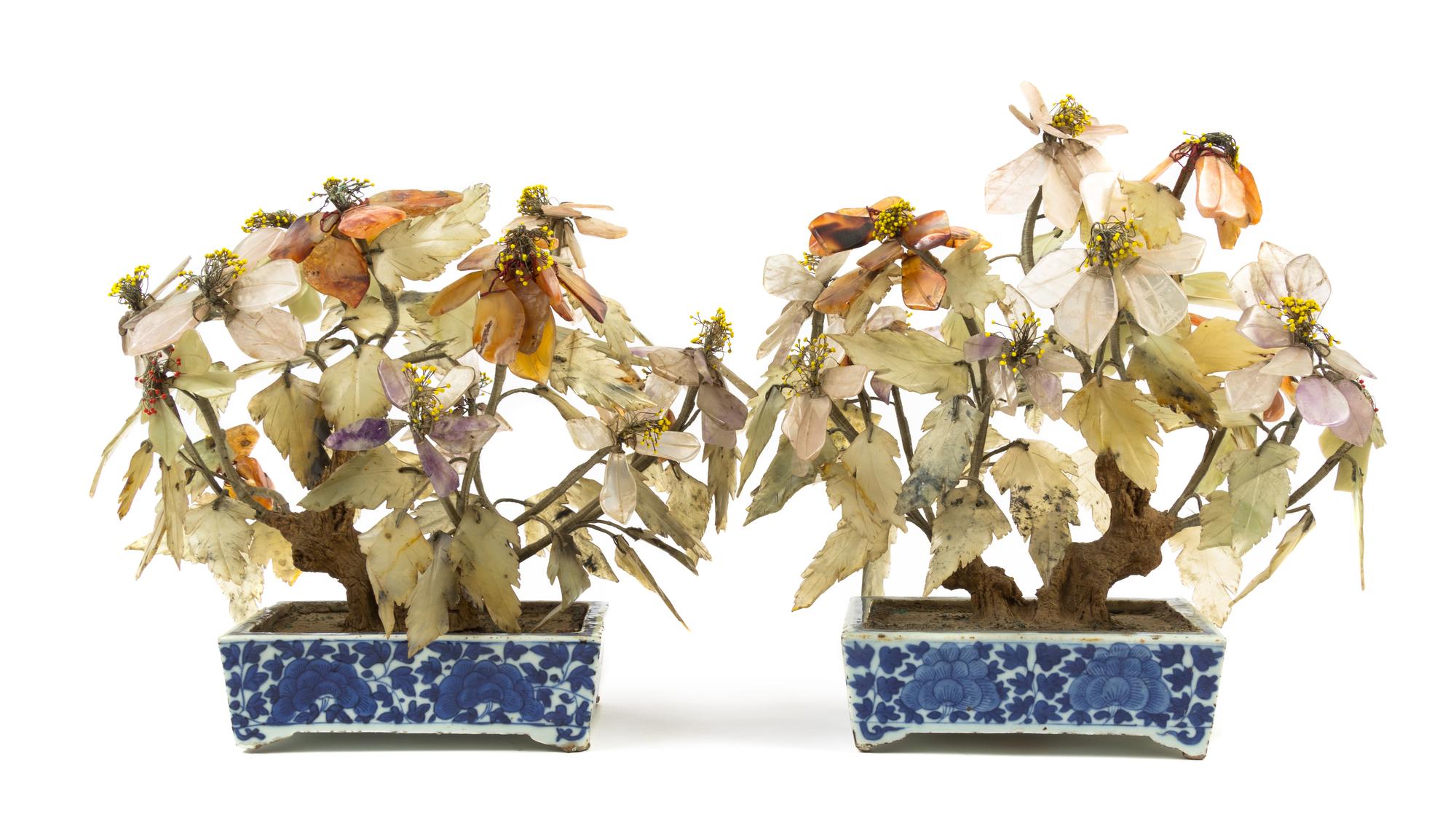 A Pair of Chinese Blue and White Porcelain Planters with Hardstone Flowers LATE 19TH/EARLY 20TH CENTURY — LATE 19TH/EARLY 20TH CENTURY