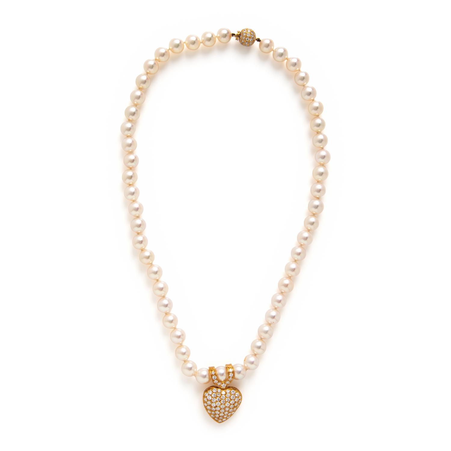 Cultured Pearl, Diamond, and Yellow Gold Necklace