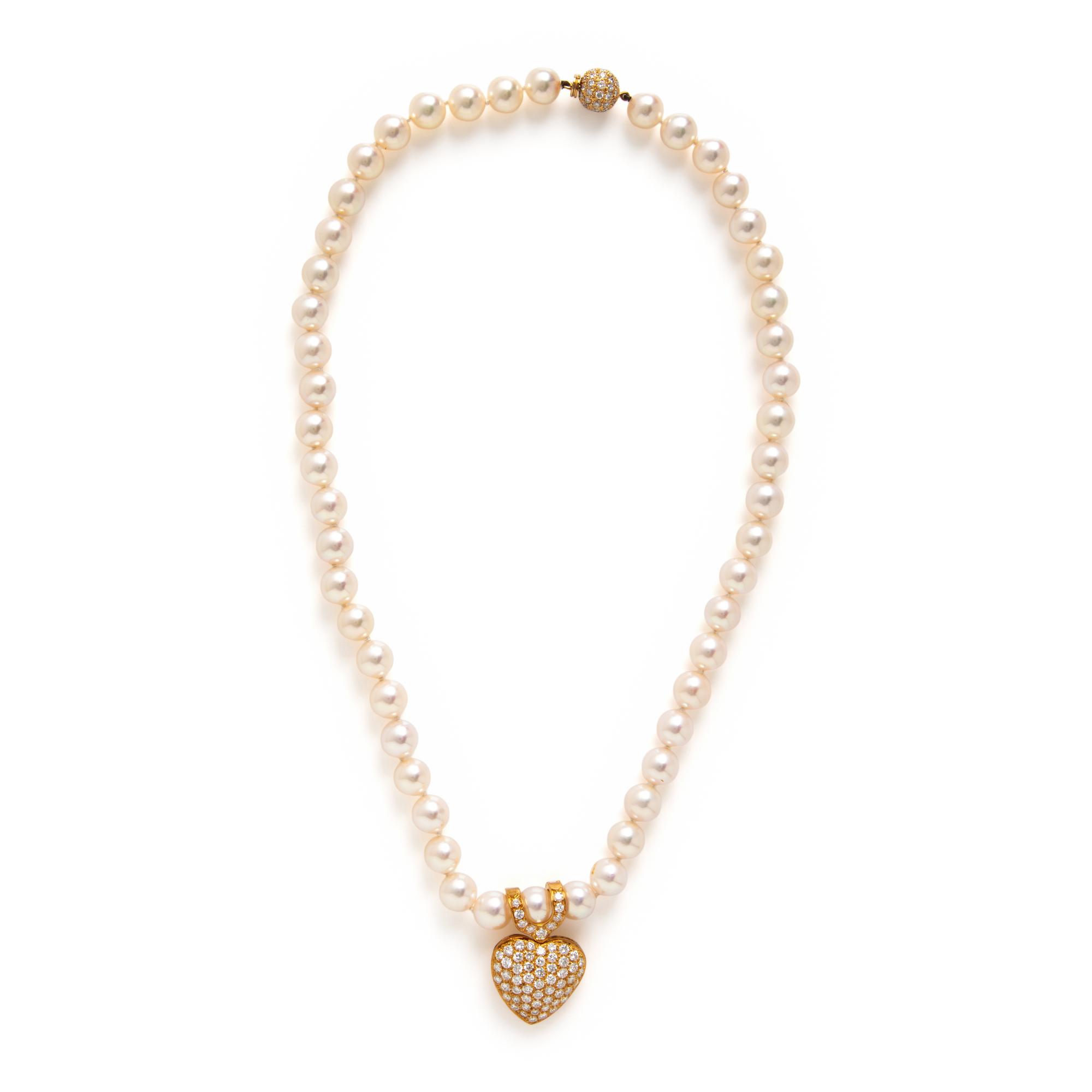 Cultured Pearl, Diamond, and Yellow Gold Necklace