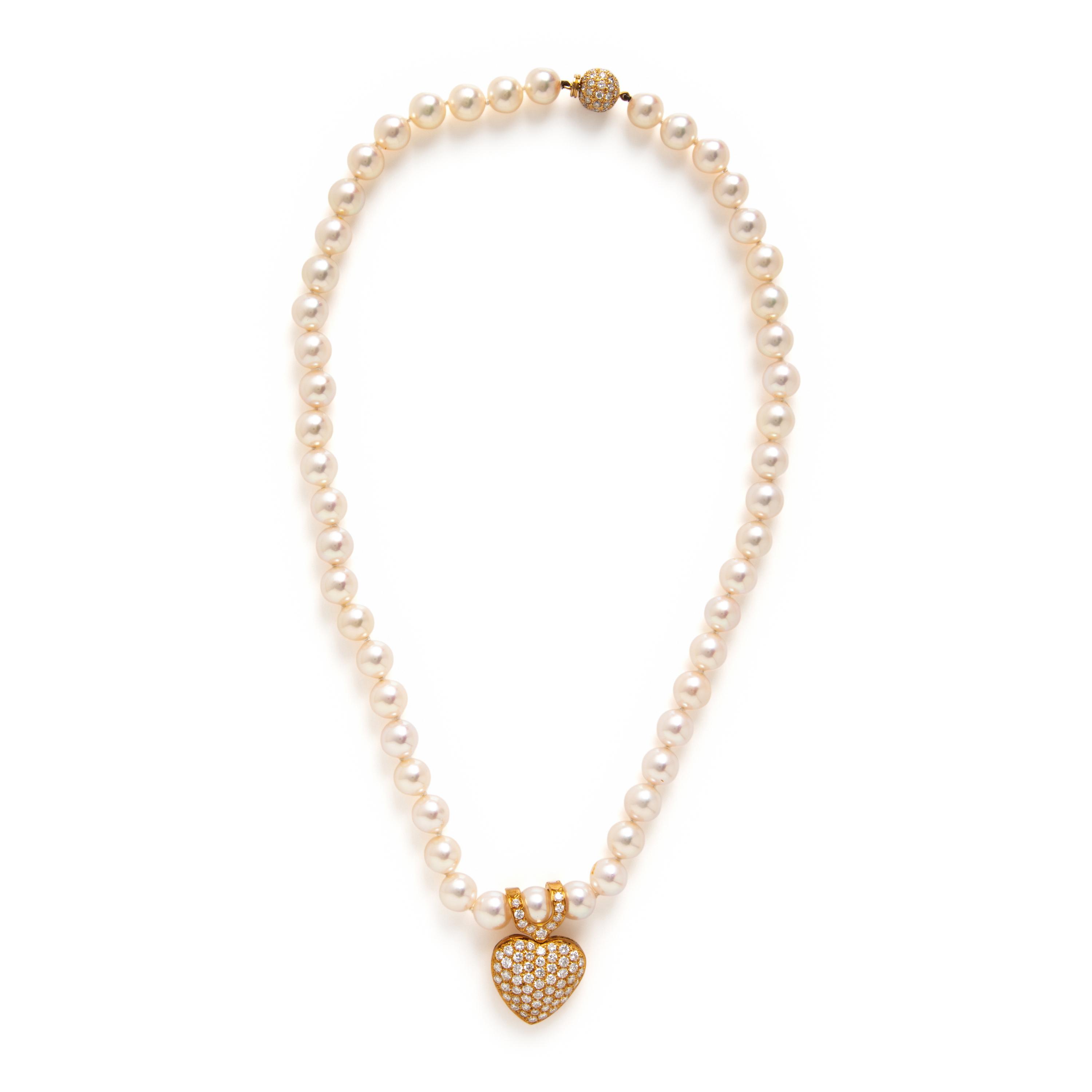 Cultured Pearl, Diamond, and Yellow Gold Necklace