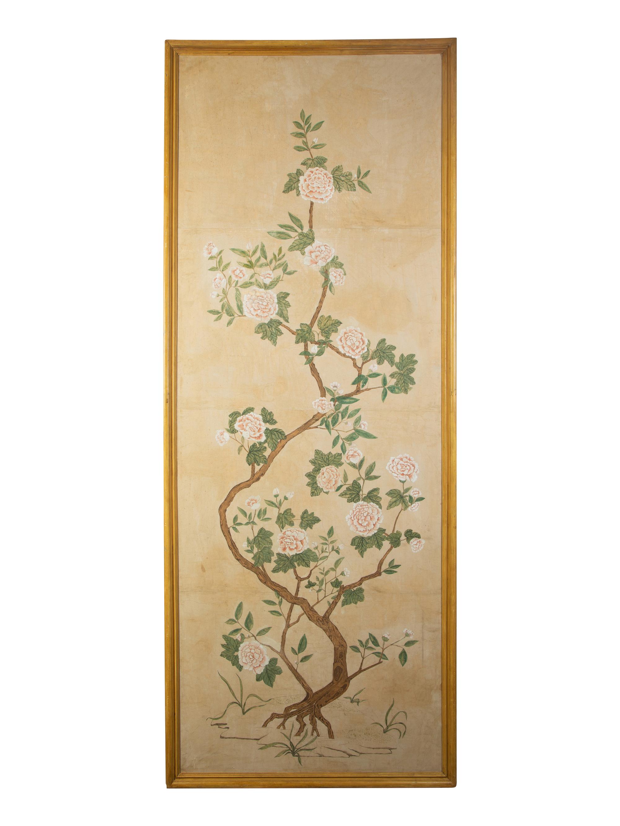 A Chinese Painted Wallpaper Panel in a Giltwood Frame