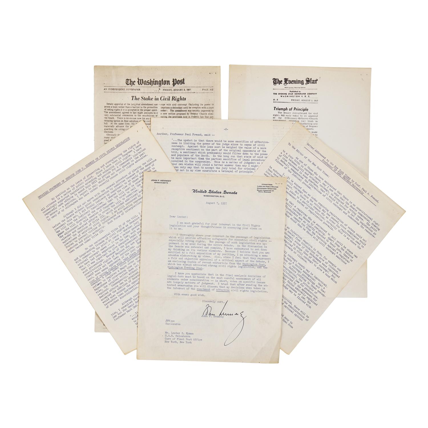 [African-Americana] Kennedy, John F. Typed Document and Three Mimeographed Sheets