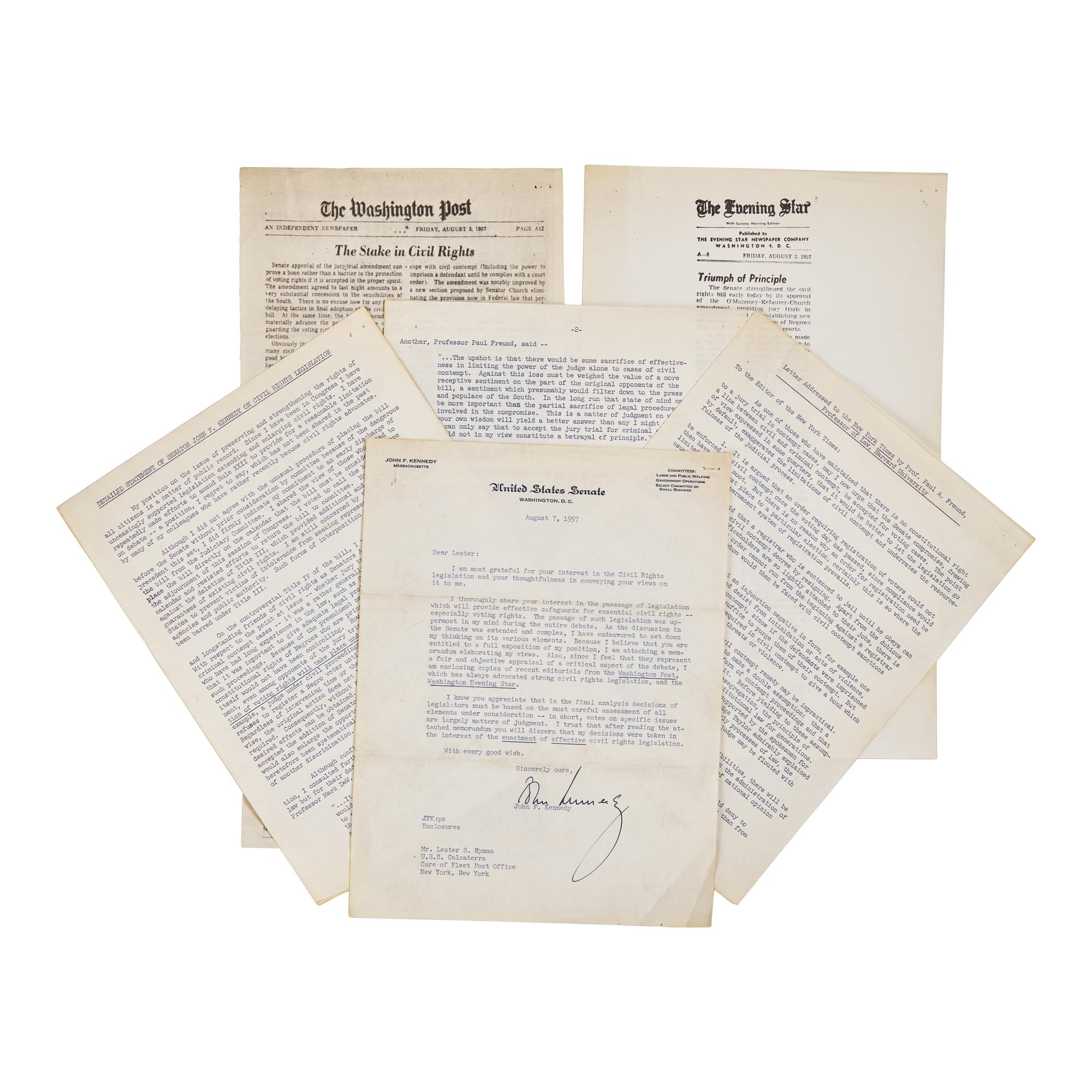 [African-Americana] Kennedy, John F. Typed Document and Three Mimeographed Sheets