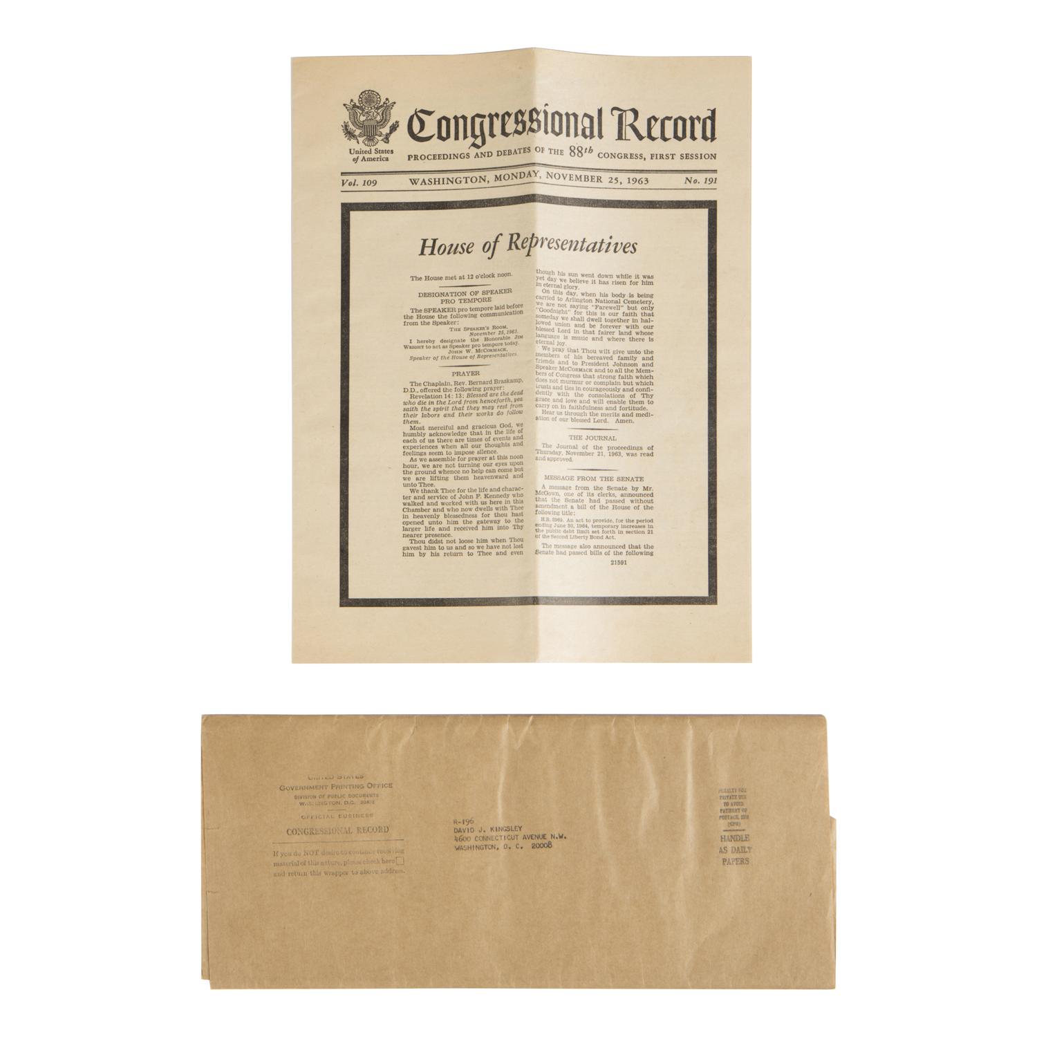 [JFK Assassination] Congressional Record, Proceedings and Debates of the 88th Congress, First Session, Vol. 109, No. 191 . Washington: Government Printing Office, 25 November 1963.