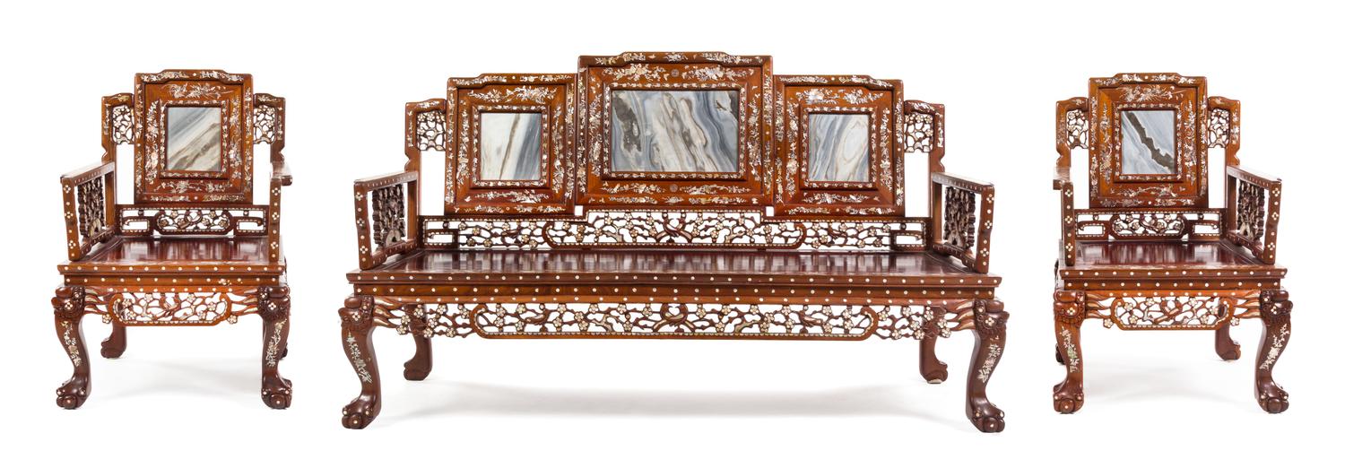 A Chinese Marble Inset and Mother-of-Pearl Inlaid Hardwood Parlor Suite Width of first 63 inches. — 20TH CENTURY
