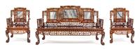 A Chinese Marble Inset and Mother-of-Pearl Inlaid Hardwood Parlor Suite Width of first 63 inches. — 20TH CENTURY