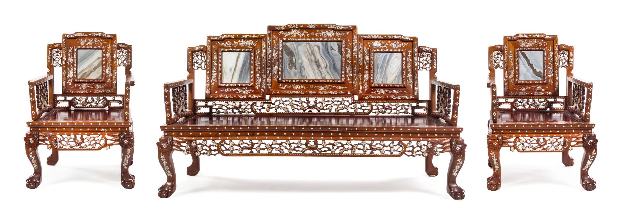 A Chinese Marble Inset and Mother-of-Pearl Inlaid Hardwood Parlor Suite Width of first 63 inches. — 20TH CENTURY