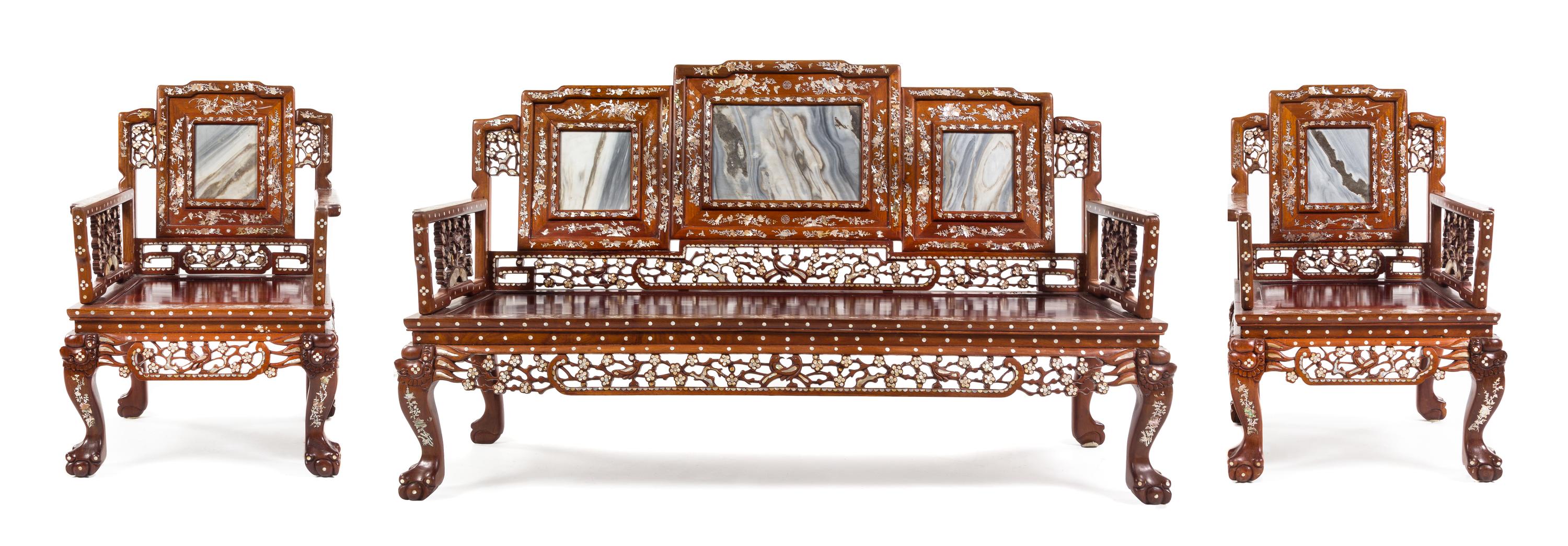 A Chinese Marble Inset and Mother-of-Pearl Inlaid Hardwood Parlor Suite Width of first 63 inches. — 20TH CENTURY