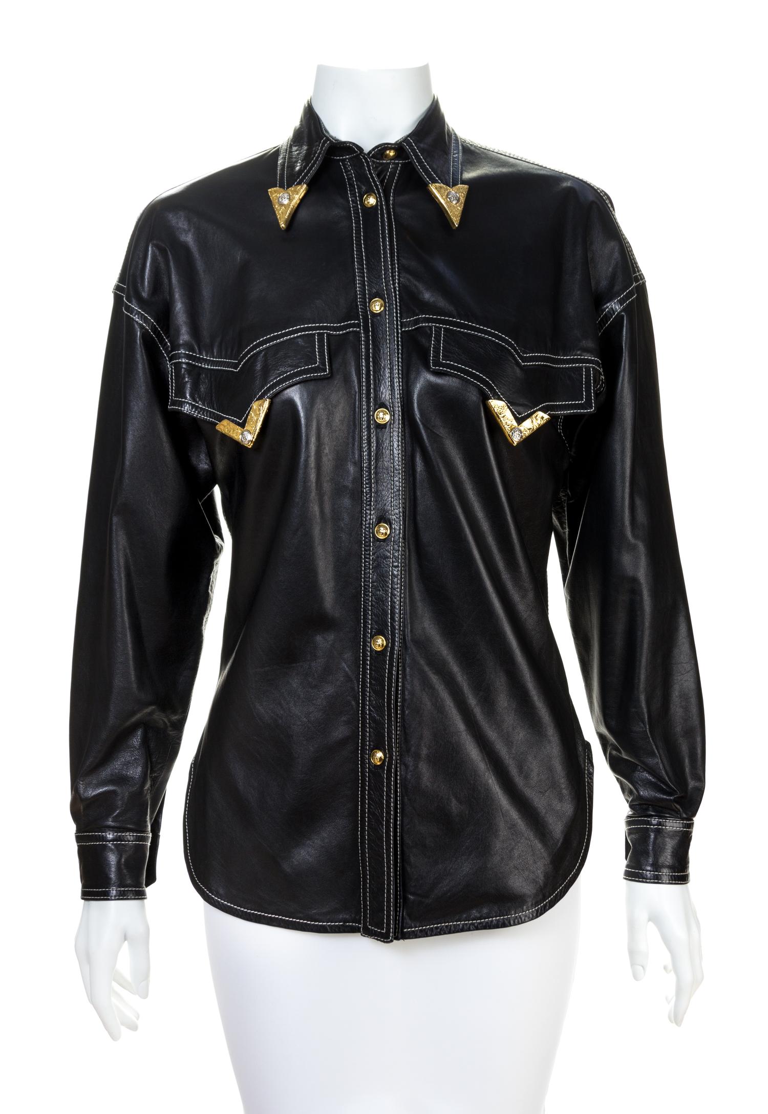 A Gianni Versace Black Leather Fitted Shirt, Size 40.