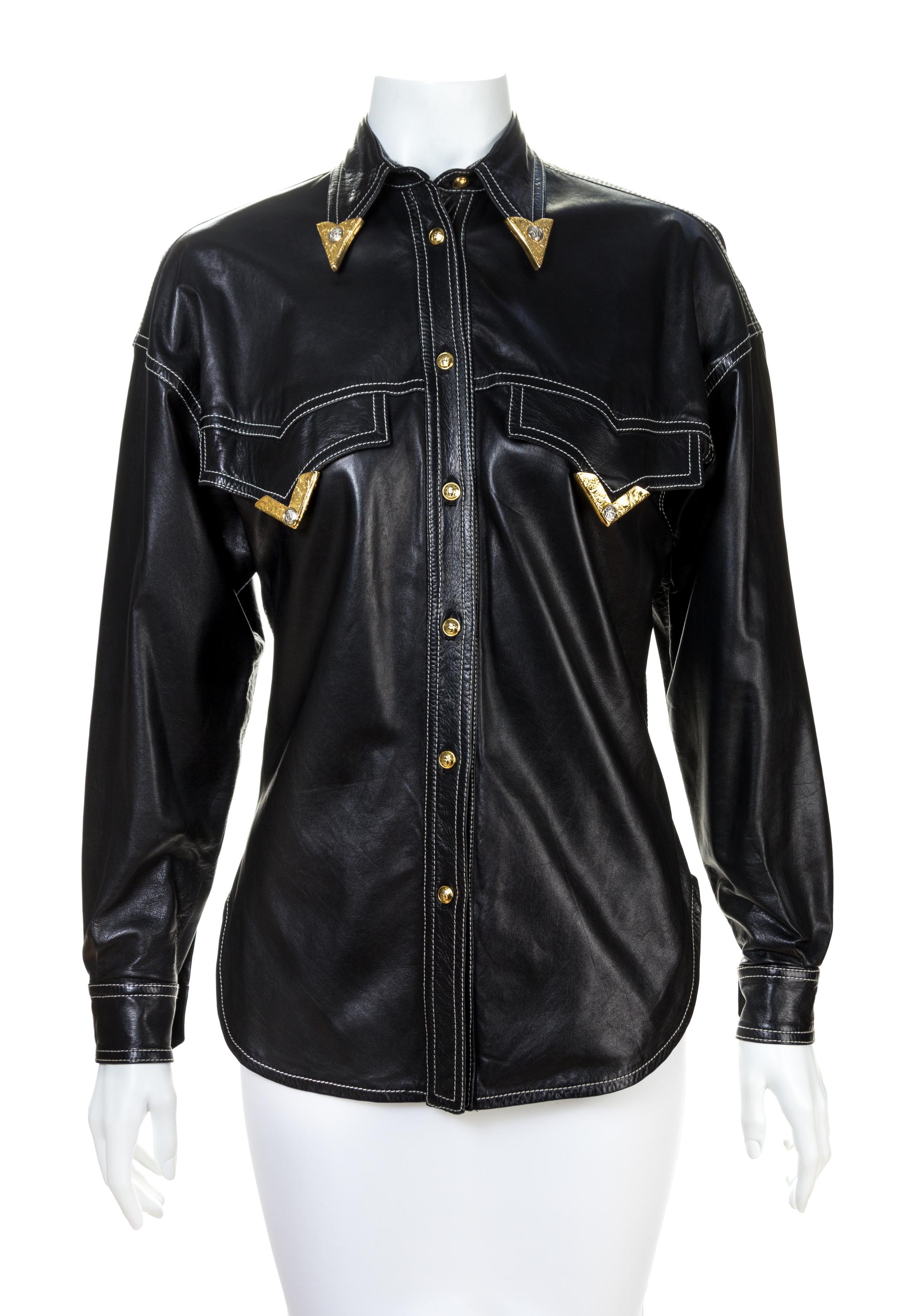 A Gianni Versace Black Leather Fitted Shirt, Size 40.