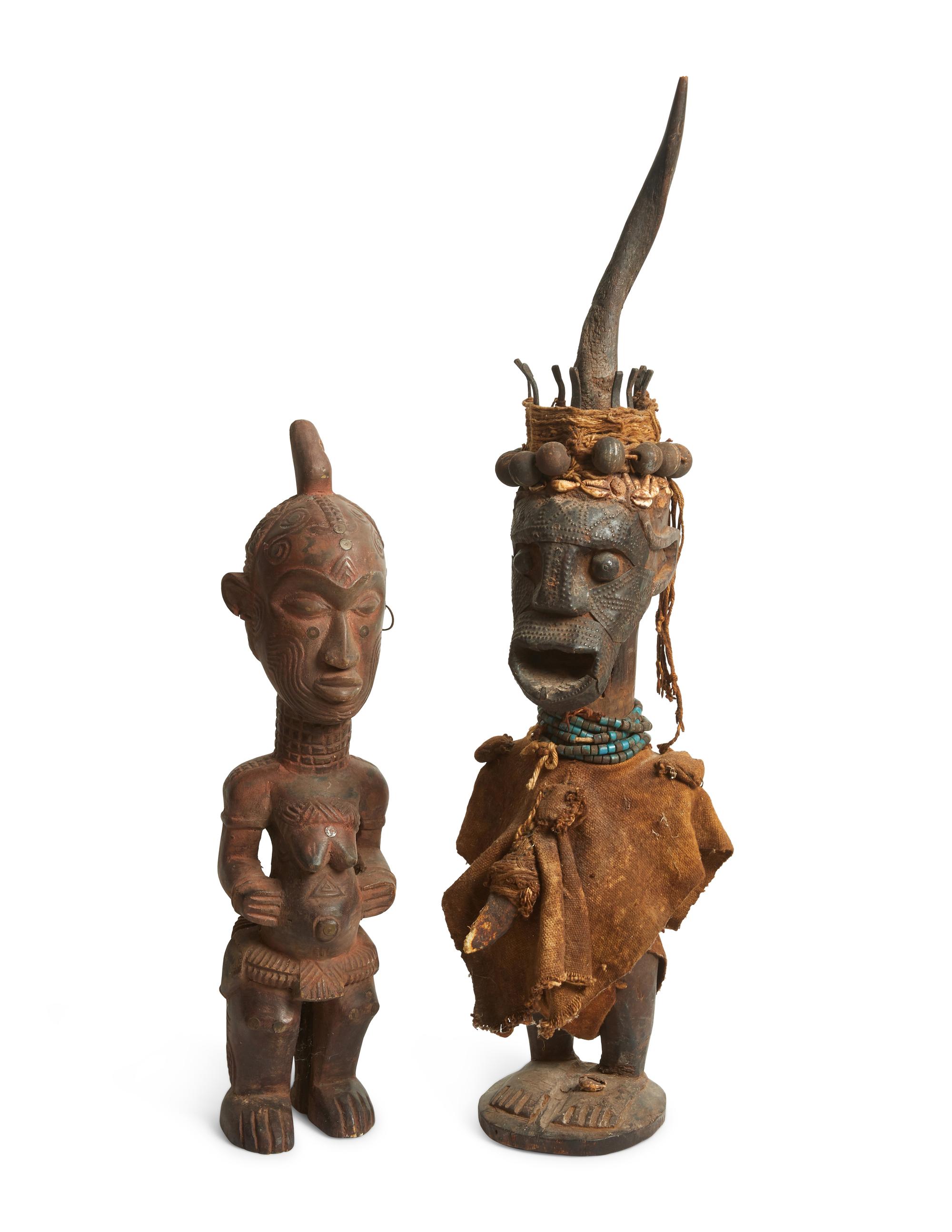 Two Luba Wood Figures with a Carved Animal Horn
