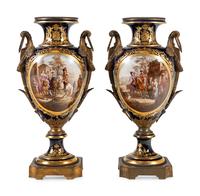 A Pair of Large Gilt Bronze Mounted Sèvres Style Porcelain Urns