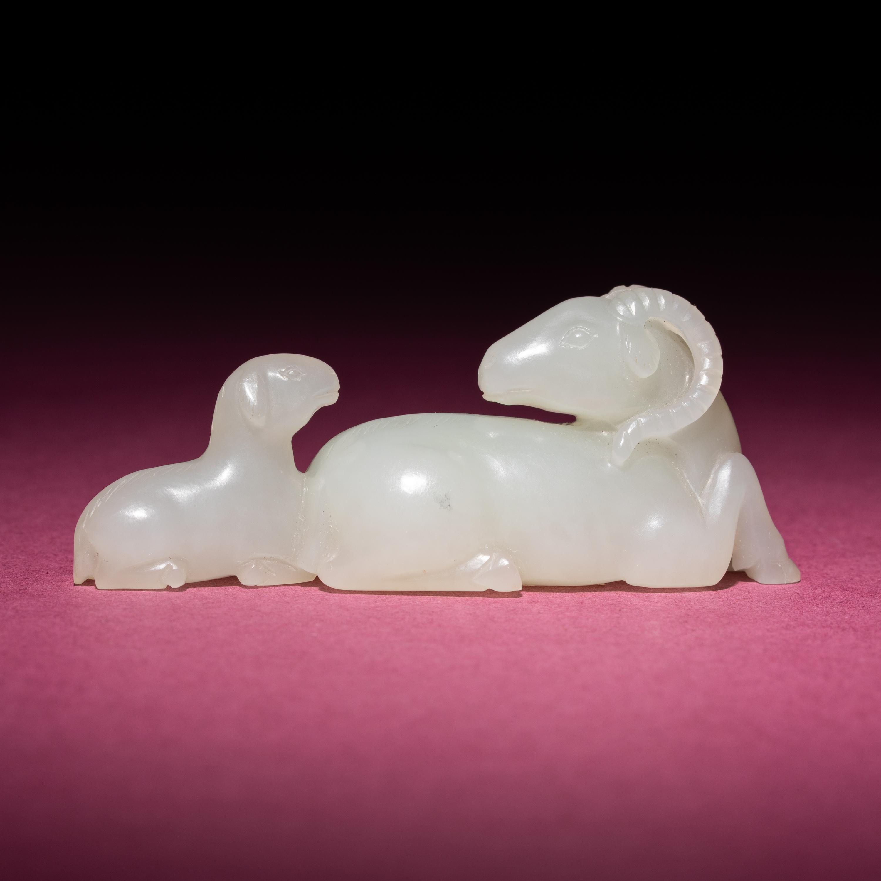 A Chinese White Jade 'Rams' Group, 18th/19th Century — 清中期 白玉雙羊把件