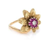 A 14 Karat Yellow Gold, Ruby and Diamond Floral Motif Ring, 3.30 dwts.