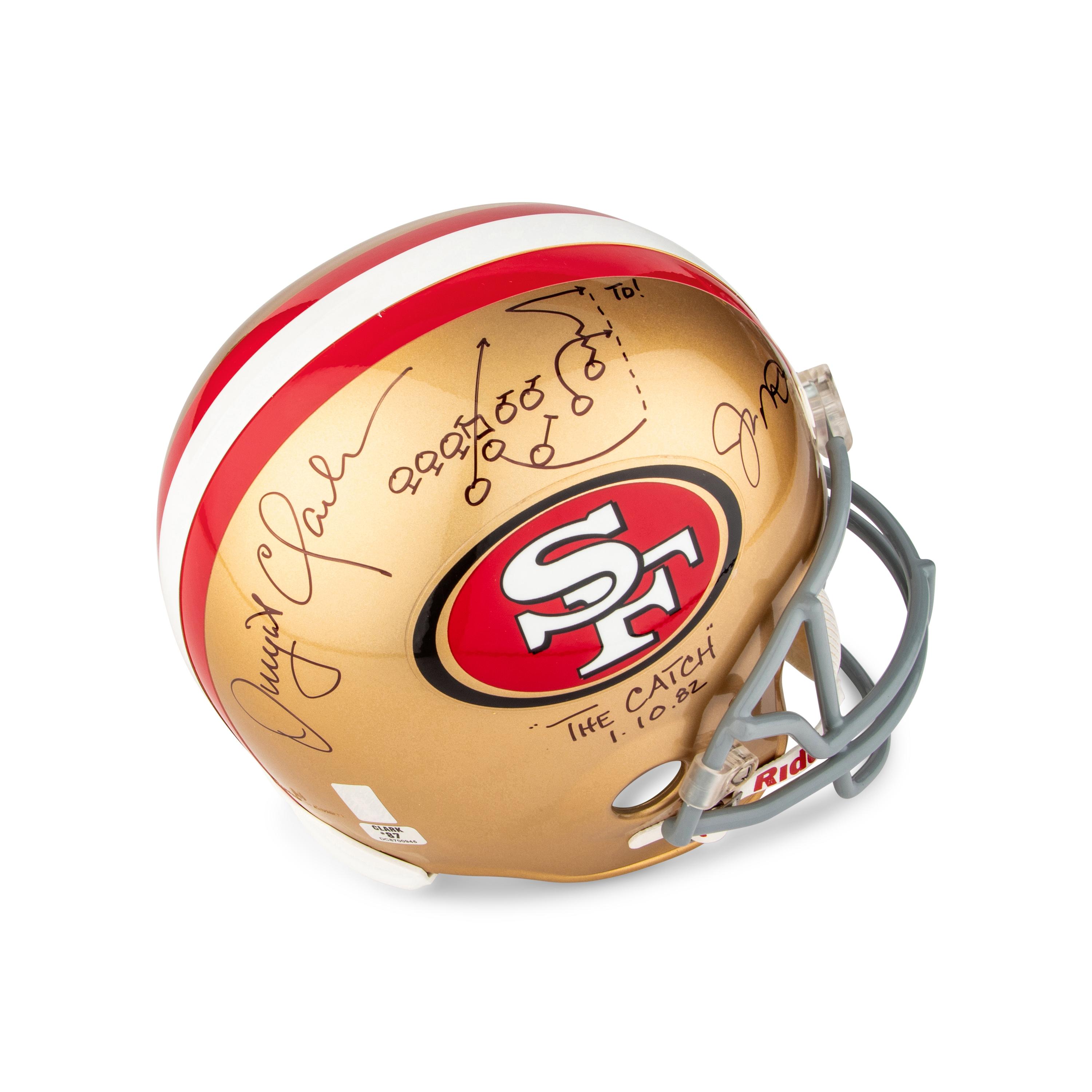 A Joe Montana and Dwight Clark Dual Signed Autograph San Francisco 49ers Full Size Helmet — With "The Catch" Diagram Drawn by Clark