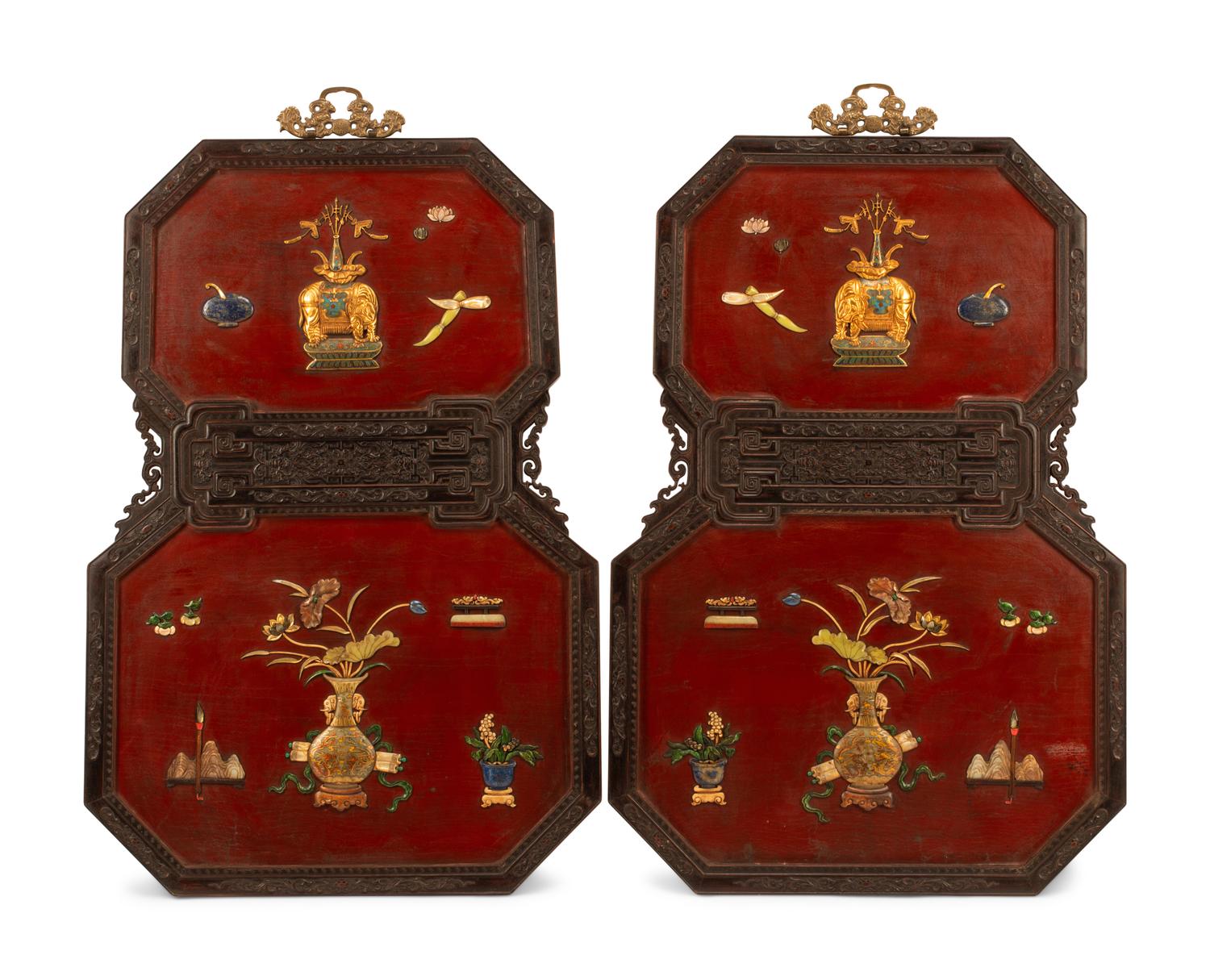 A Pair of Chinese Hardstone Inlaid Lacquer Wall Panels