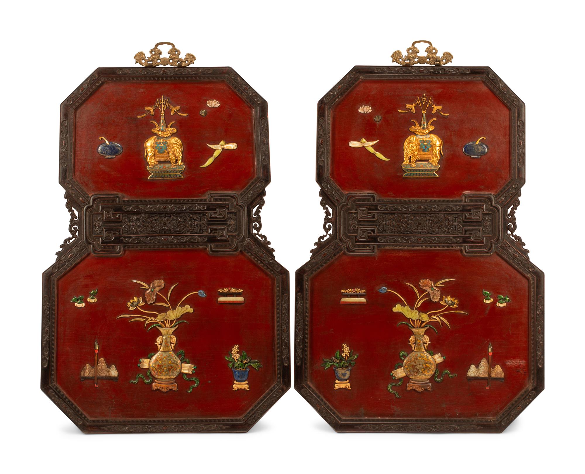 A Pair of Chinese Hardstone Inlaid Lacquer Wall Panels