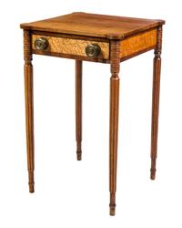 A Sheraton Cherry and Birdseye Maple Work Table Height 28 x width 18 x depth 17 inches. — EARLY 19TH CENTURY