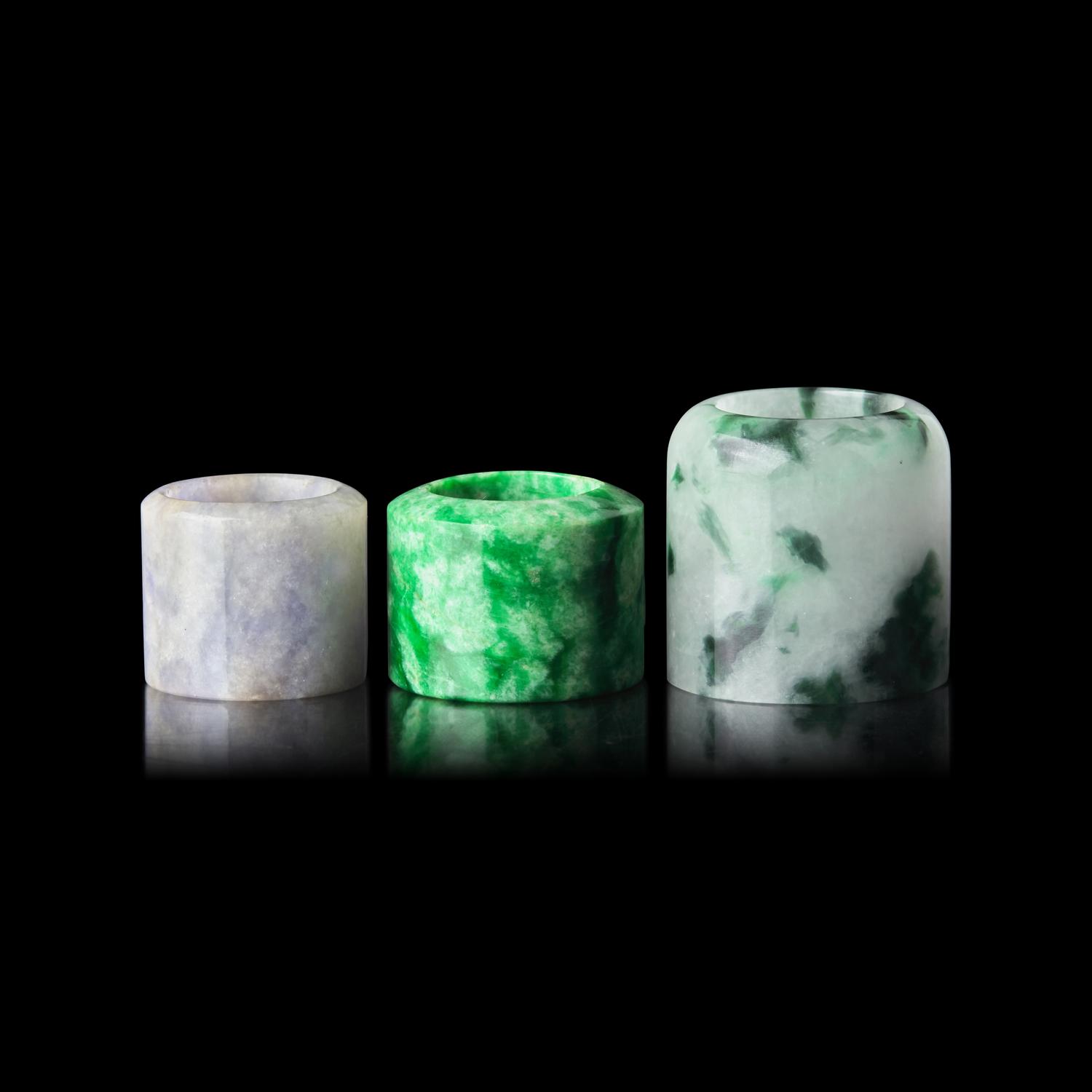 Three Chinese Jadeite Archer's Rings 翡翠扳指三枚
