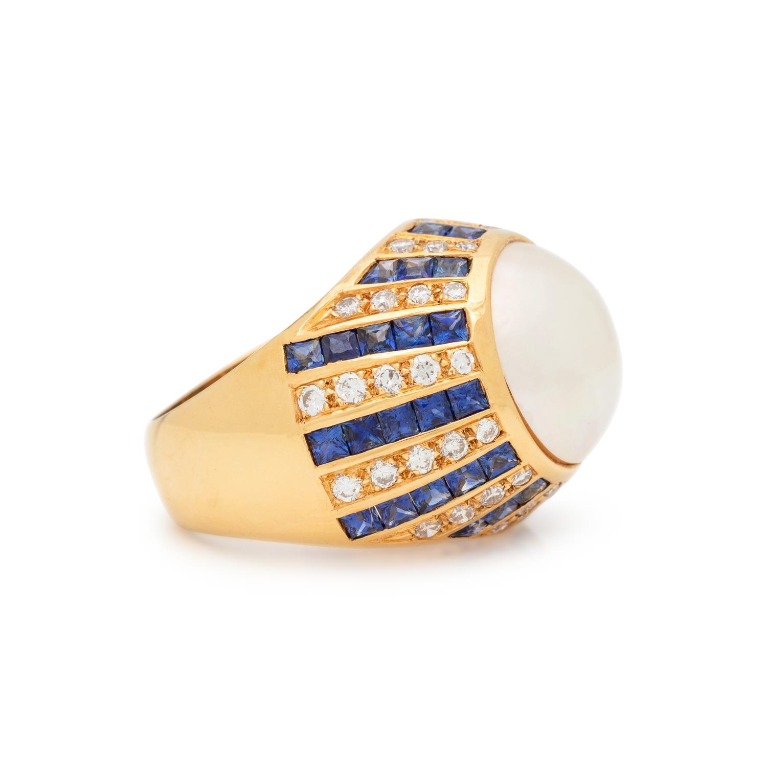 CULTURED MABE PEARL, DIAMOND AND SAPPHIRE RING