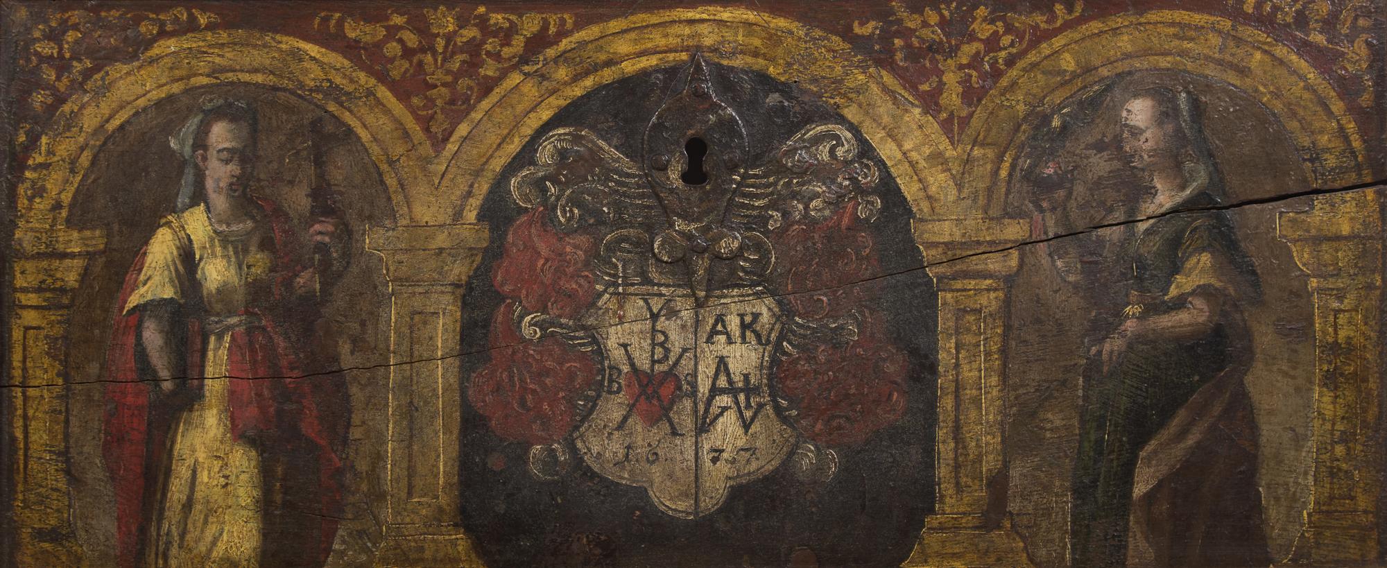 A Renaissance Wrought-Iron Mounted Painted Oak Chest Panel