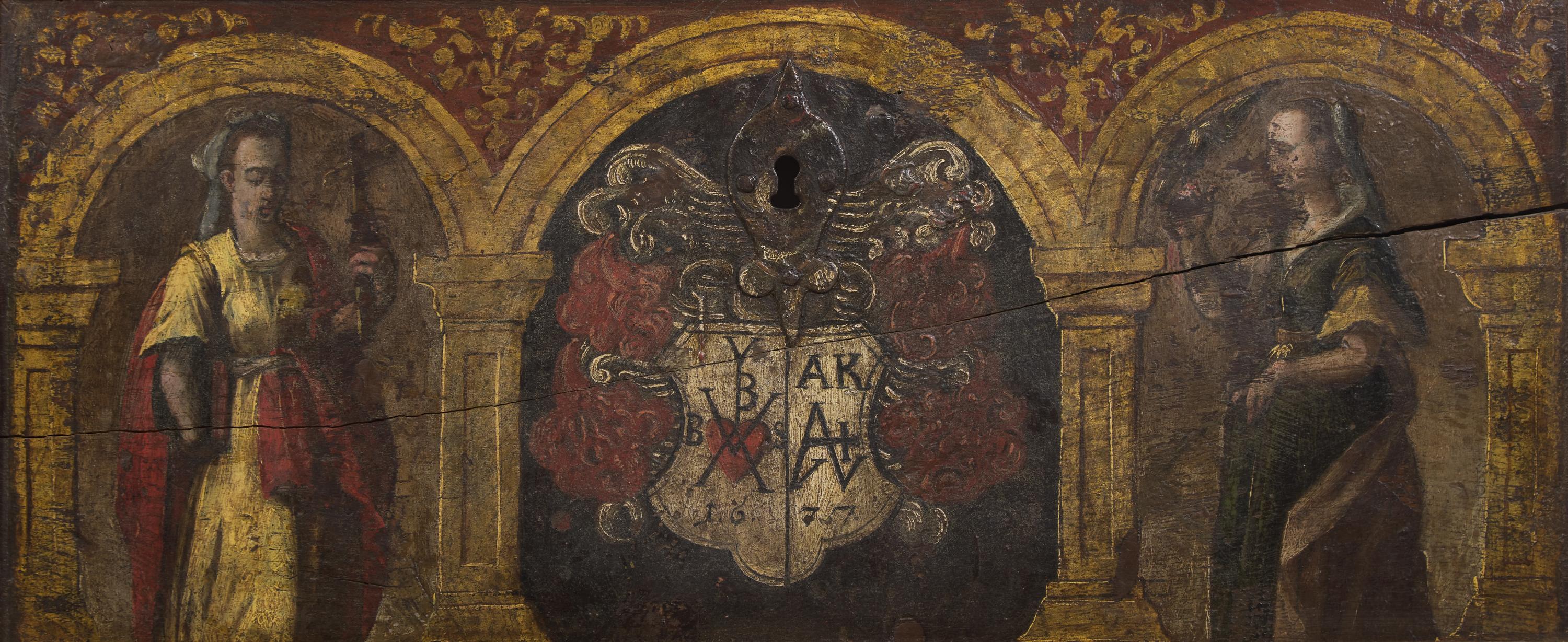 A Renaissance Wrought-Iron Mounted Painted Oak Chest Panel