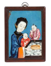 A Group of Three Chinese Reverse Paintings on Glass Height of largest 16 inches. — 19TH CENTURY