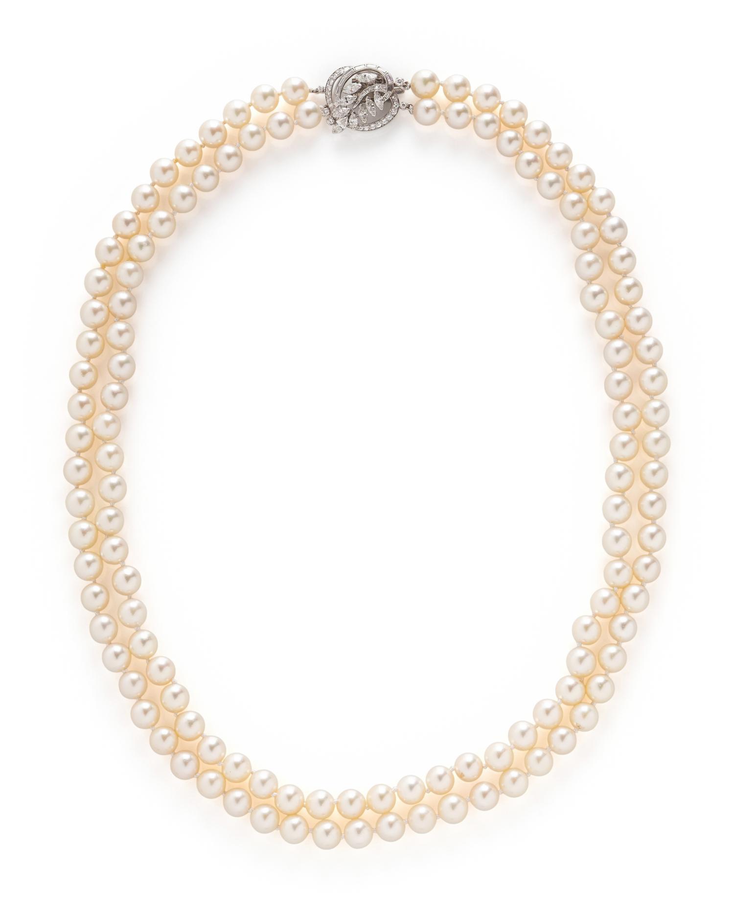 DOUBLE STRAND CULTURED PEARL AND DIAMOND NECKLACE