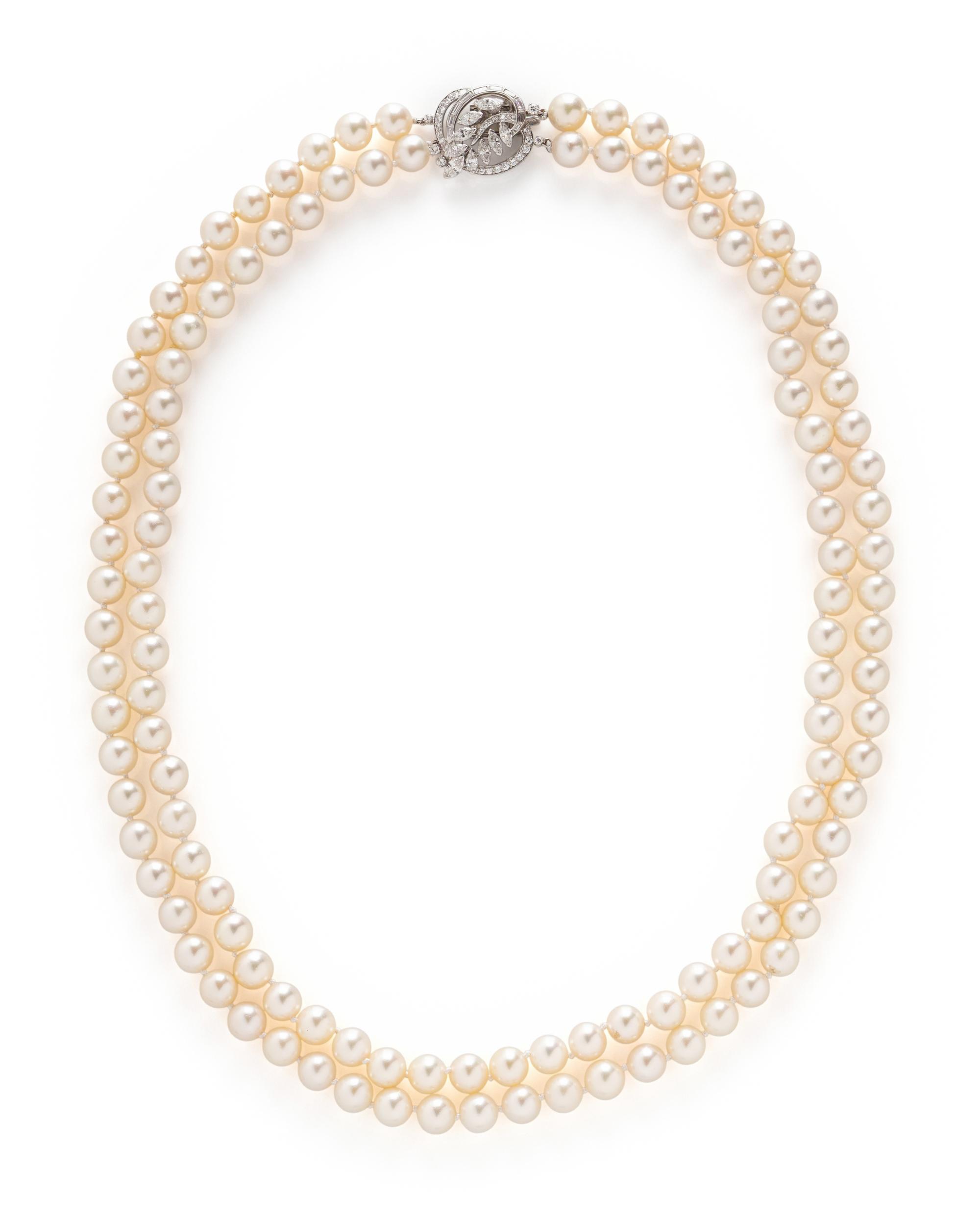 DOUBLE STRAND CULTURED PEARL AND DIAMOND NECKLACE
