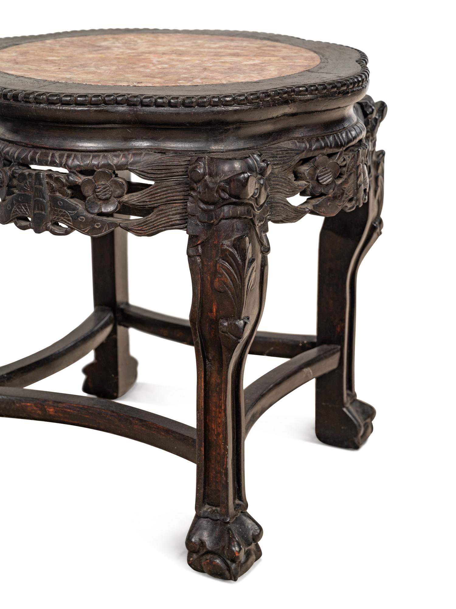 A Pair of Chinese Marble-Inset Hardwood Stands