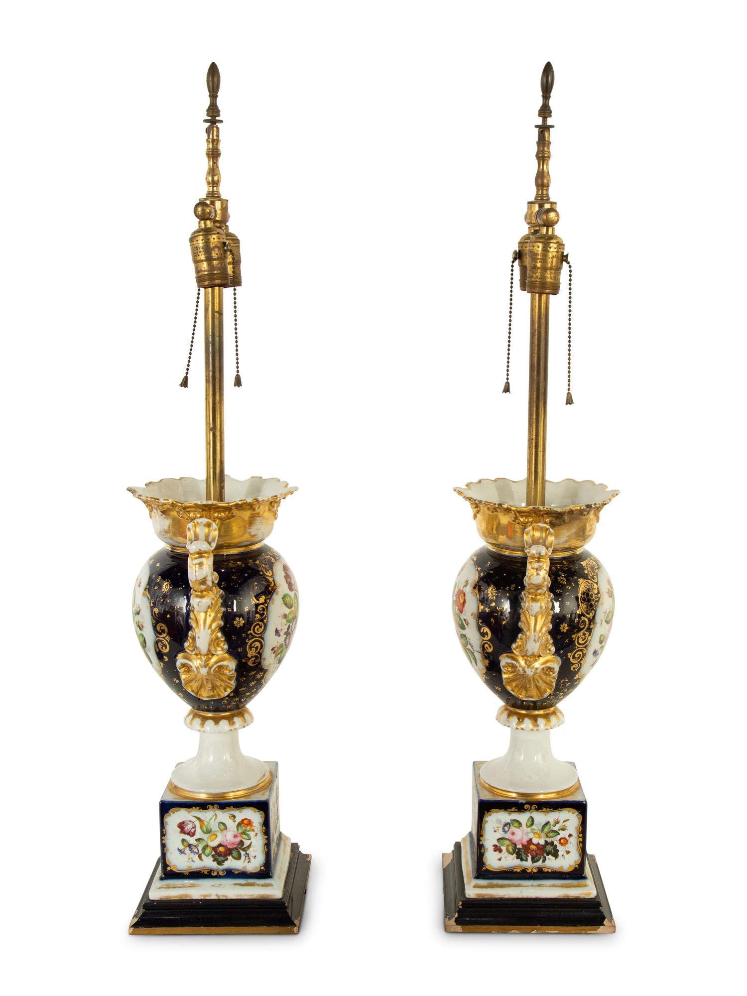 A Pair of French Porcelain Urns Mounted as Lamps