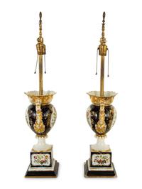 A Pair of French Porcelain Urns Mounted as Lamps