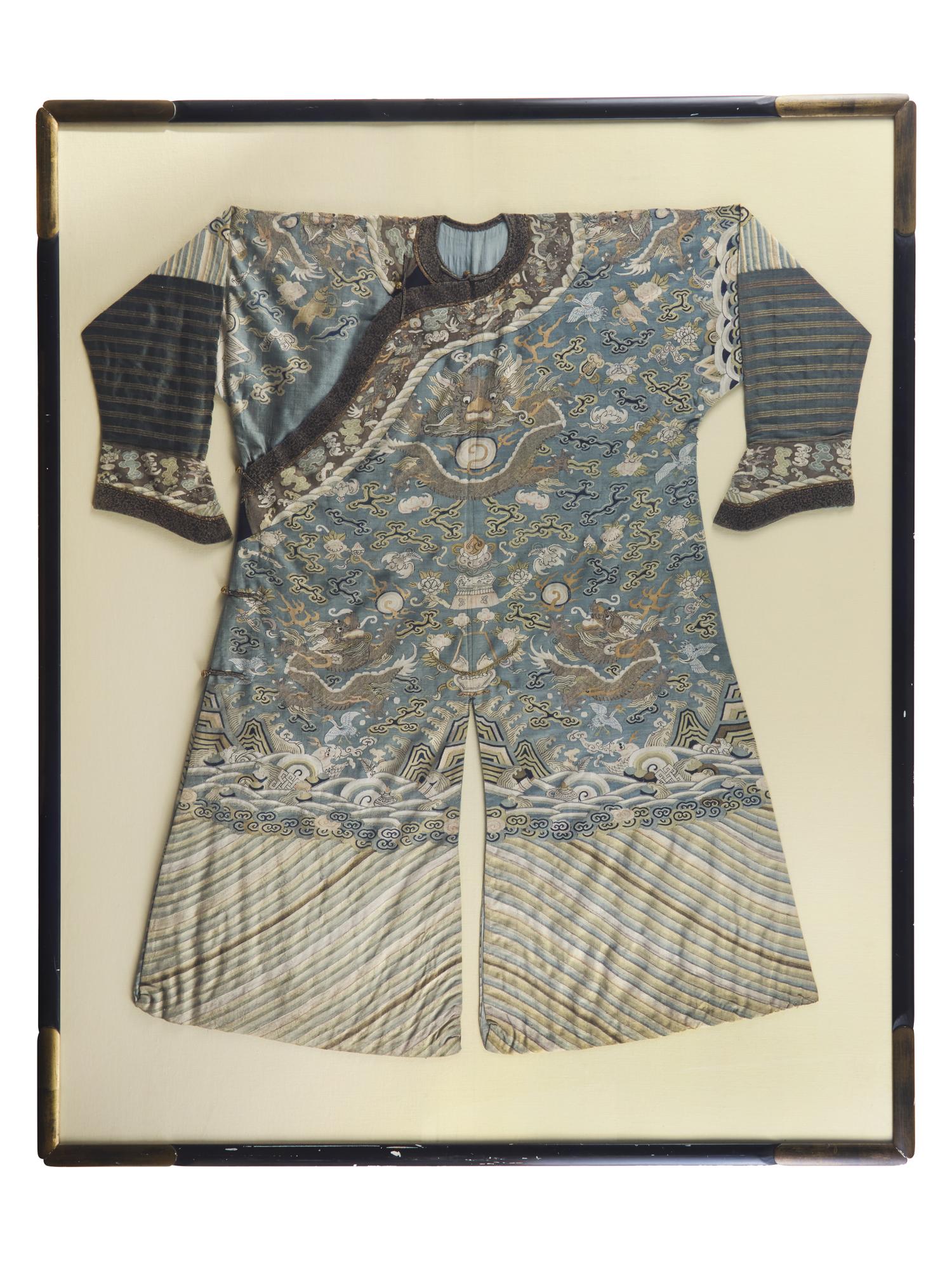 A Chinese Blue Ground Kesi Silk Dragon Robe, Jifu, 19th Century 清晚期 藍地緙絲云龍紋吉服