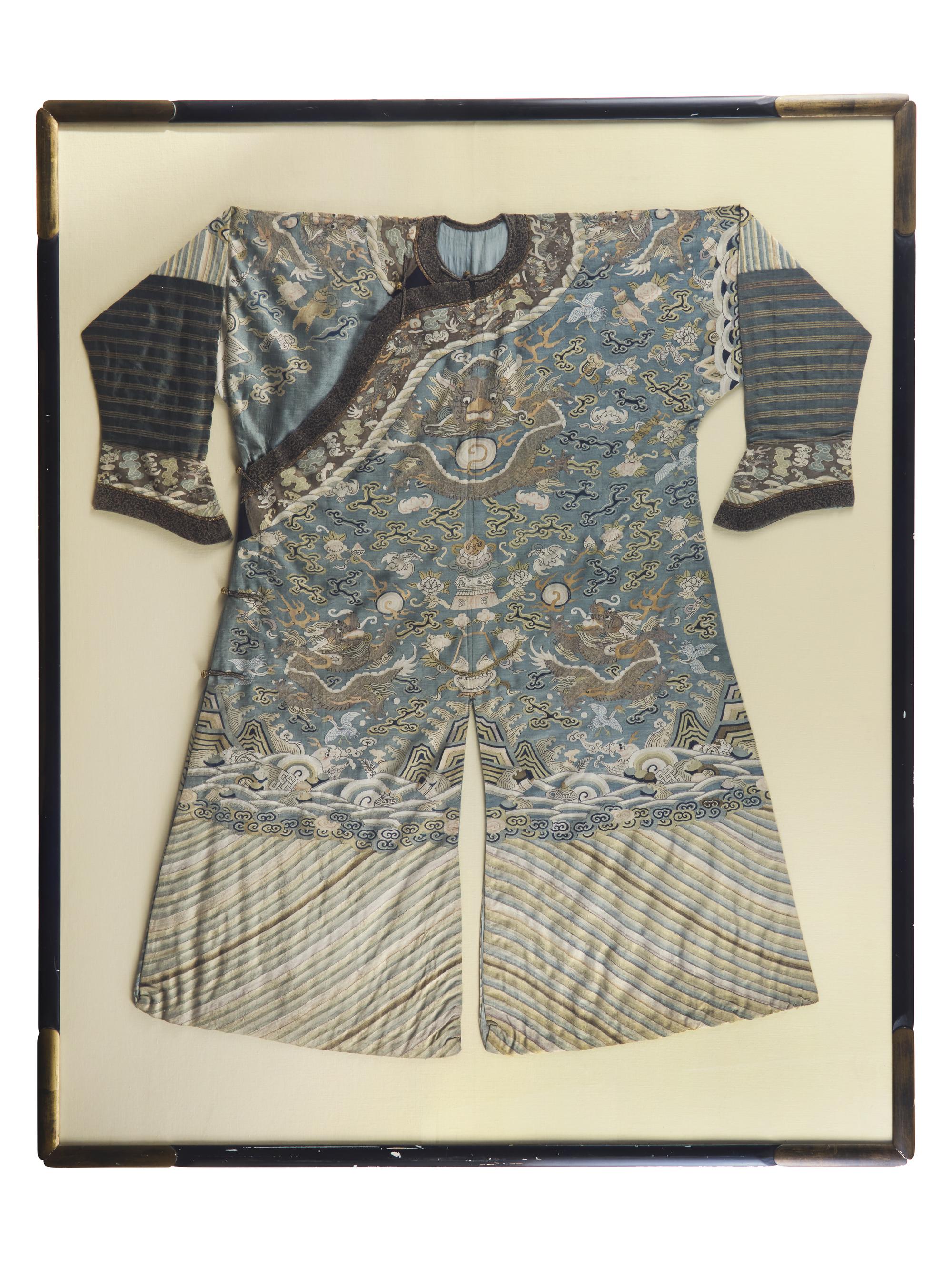 A Chinese Blue Ground Kesi Silk Dragon Robe, Jifu, 19th Century 清晚期 藍地緙絲云龍紋吉服
