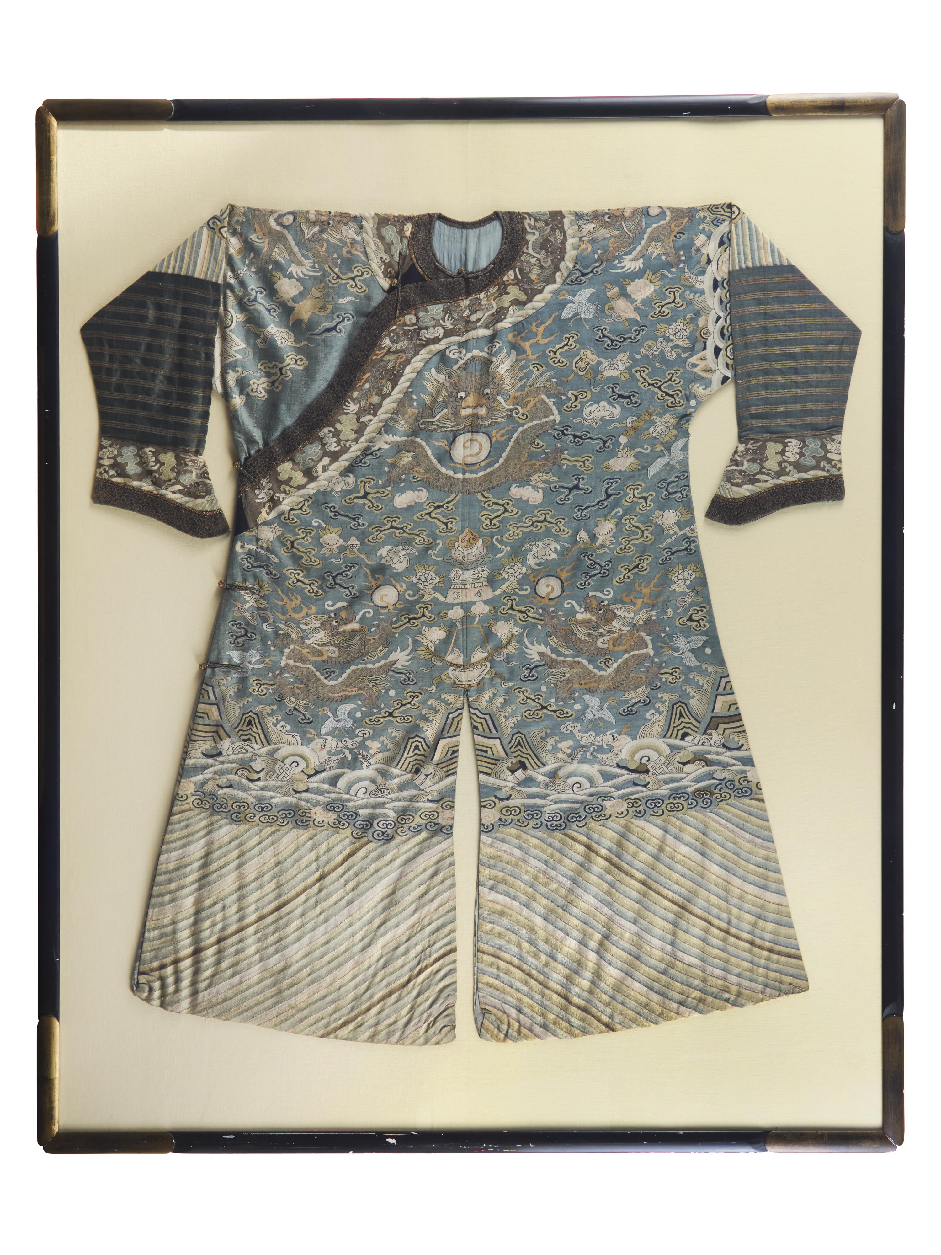 A Chinese Blue Ground Kesi Silk Dragon Robe, Jifu, 19th Century 清晚期 藍地緙絲云龍紋吉服
