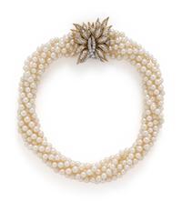 MULTISTRAND CULTURED PEARL NECKLACE WITH BICOLOR GOLD AND DIAMOND CLASP
