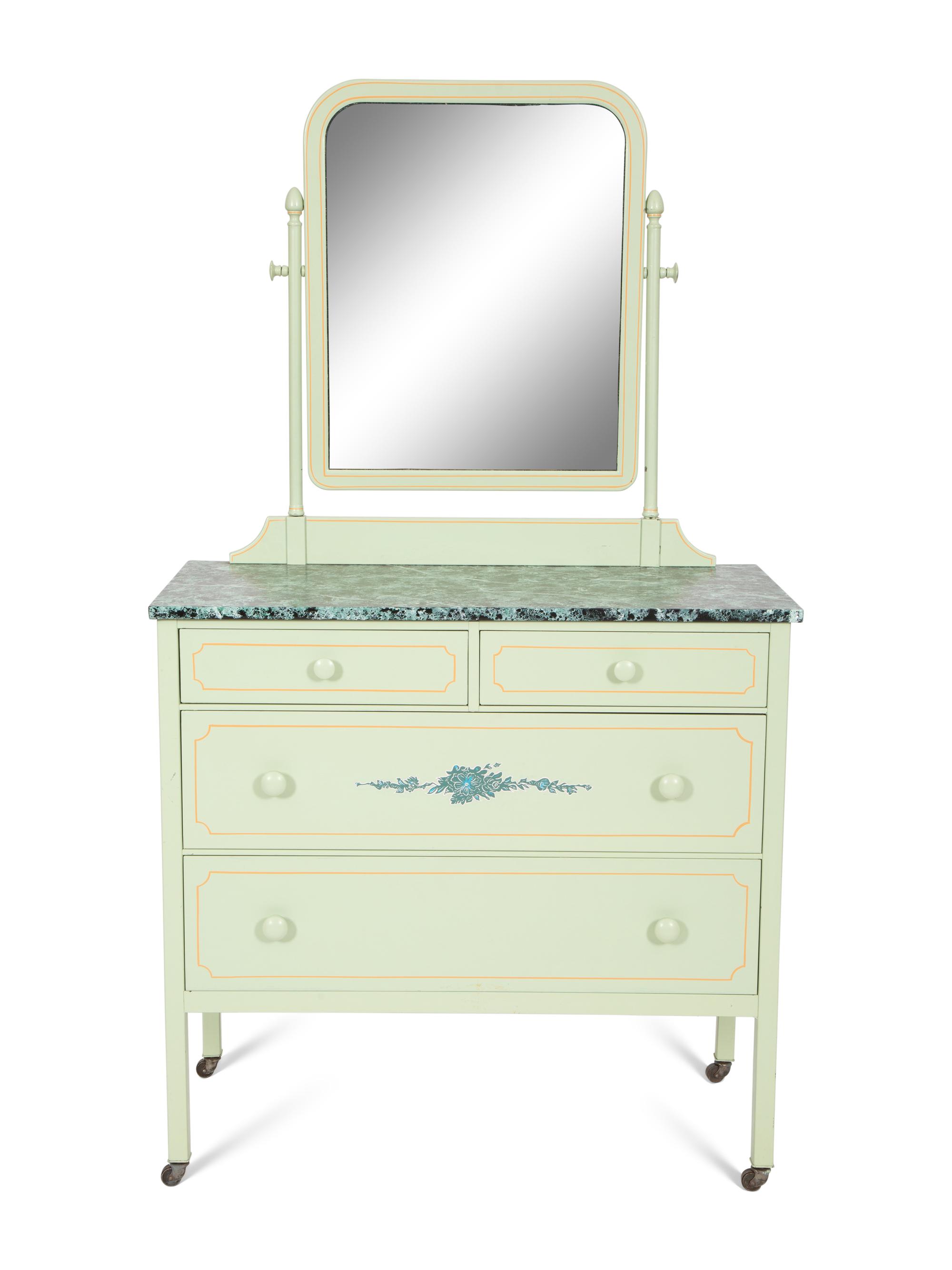 A Painted Metal Chest of Drawers with Dressing Mirror