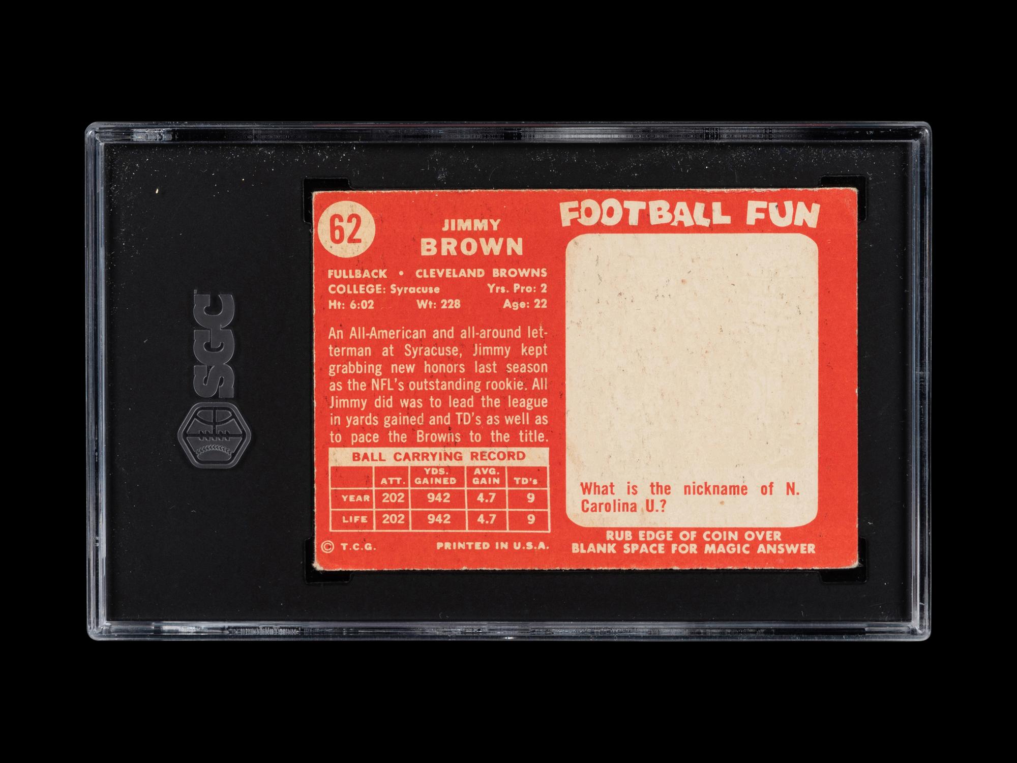 A 1958 Topps Jim Brown Rookie Football Card No. 62 (SGC 3 VG)