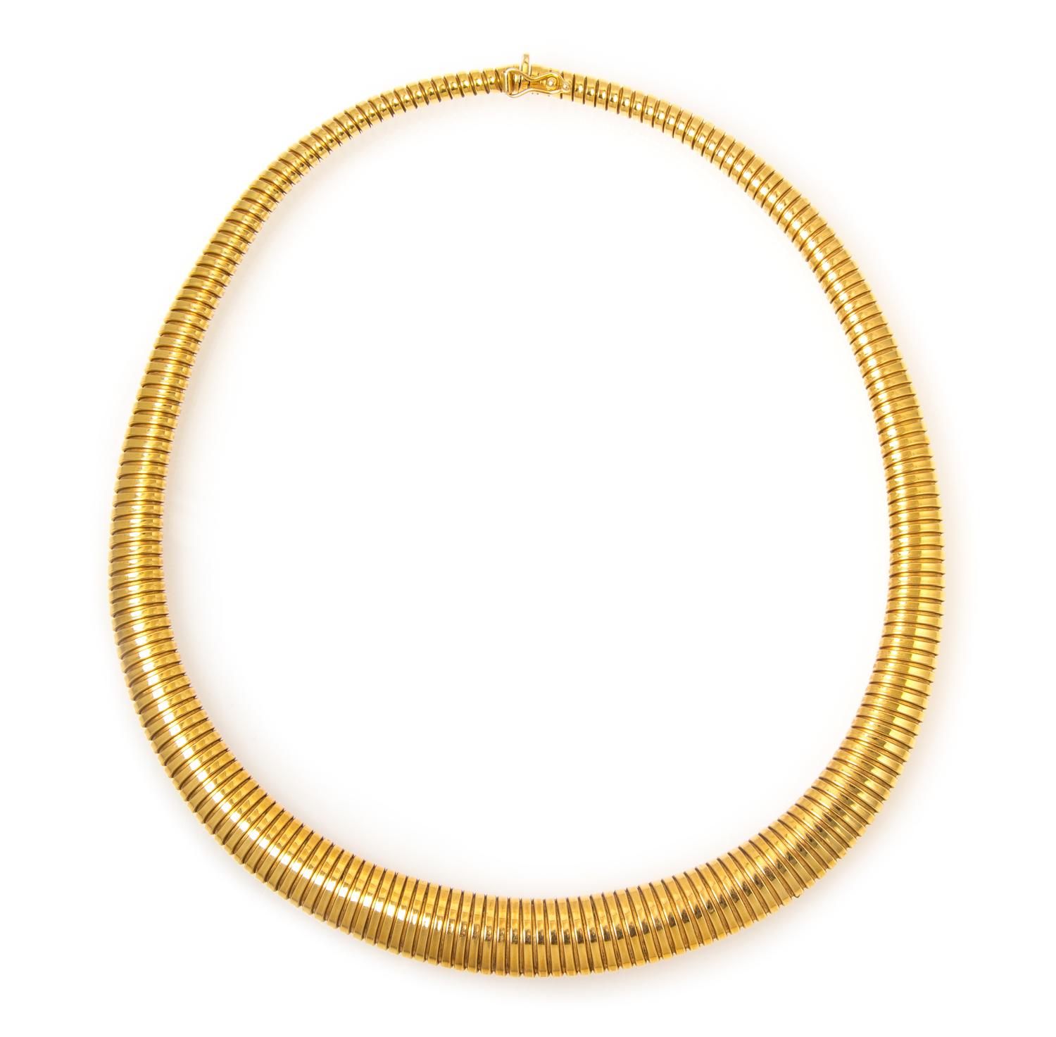 A 14 Karat Yellow Gold Graduated Tubogas Necklace. 26.80 dwts.