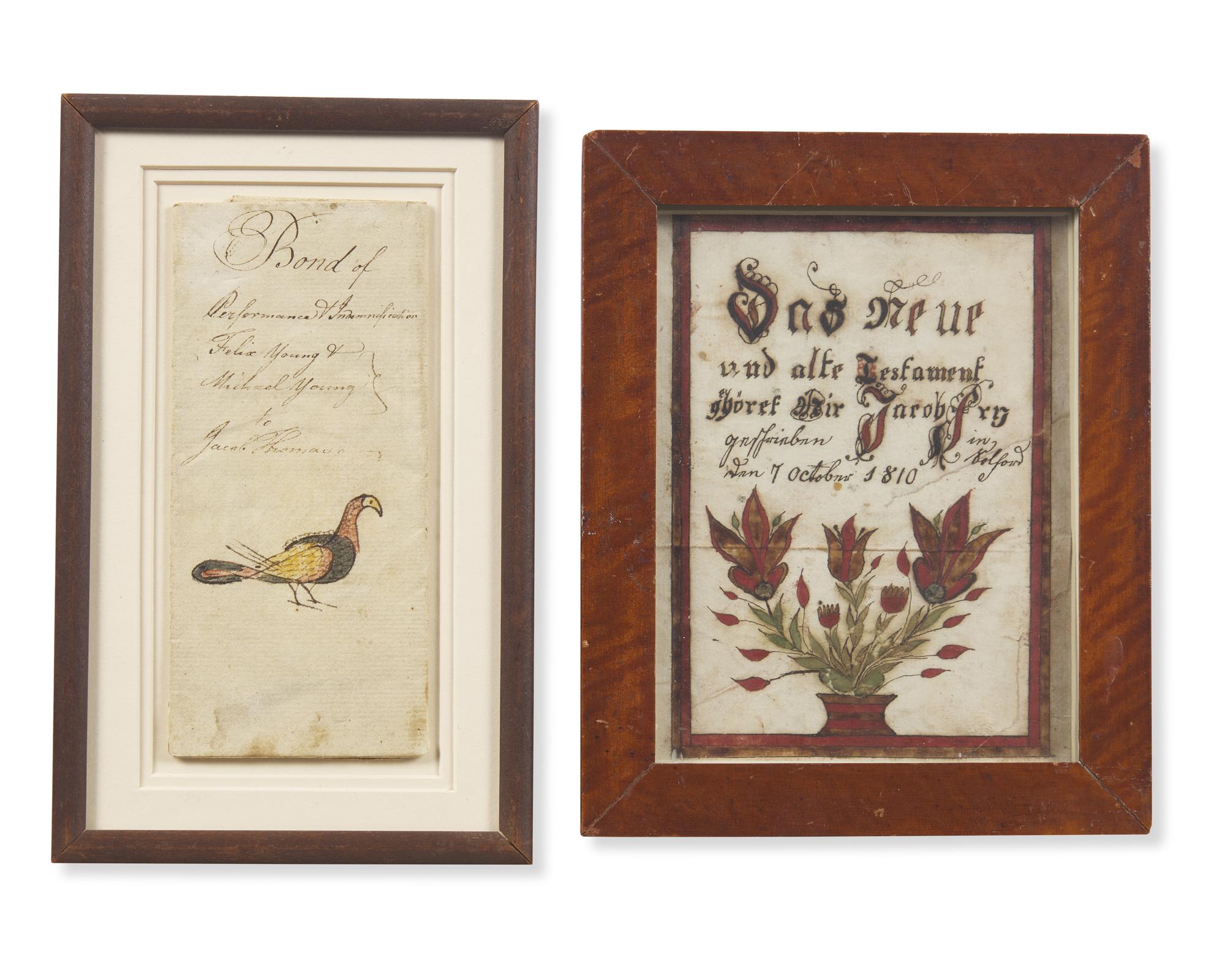 A Fraktur Bookplate and an Illuminated Indenture, Pennsylvania, Dated "1810" and "1801"