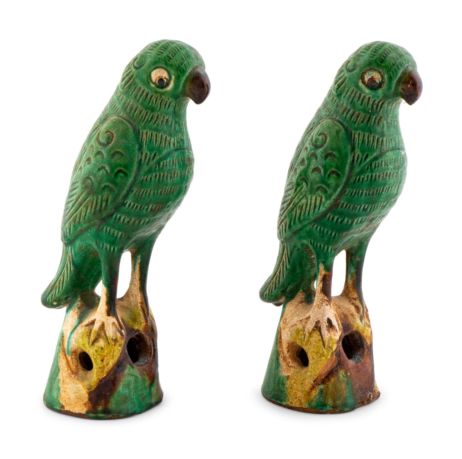 A Pair of Chinese Glazed Ceramic Sancai Parrots — LATE 19TH/EARLY 20TH CENTURY