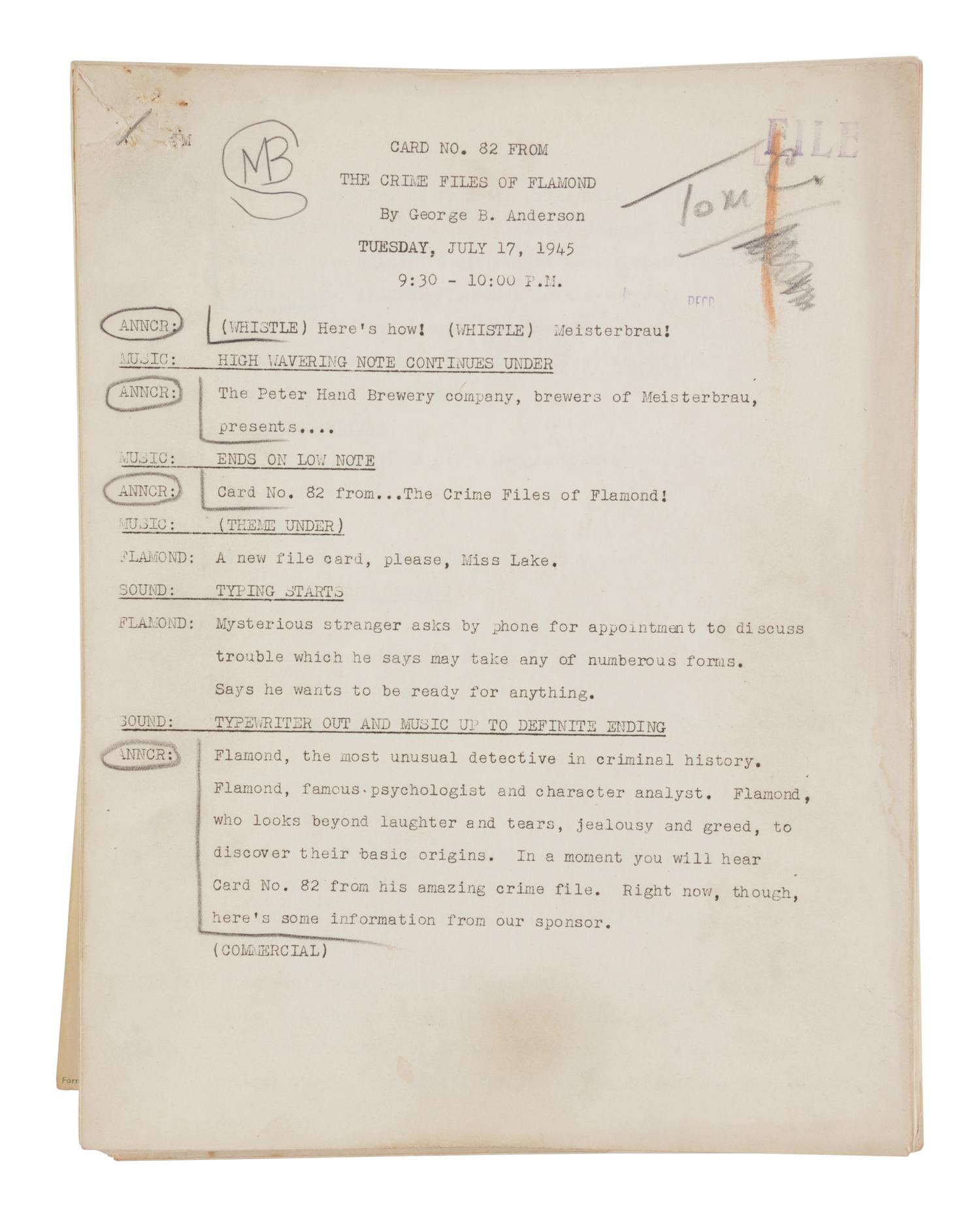 [CHICAGO HISTORY - BROADCASTING]. A group of 33 scripts for radio-programs, produced and broadcast in Chicago, 1945-1954.
