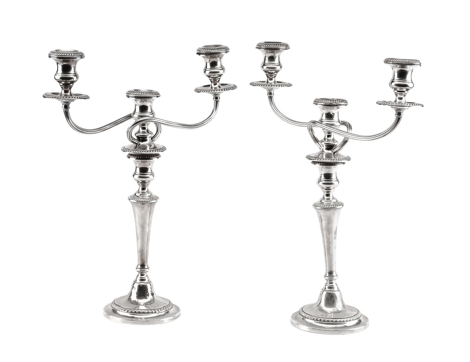 A Pair of American Silver Three-Light Candelabra, Gorham Mfg. Co., Providence, RI, each having three candle cups and a knopped stem wit