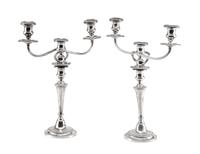 A Pair of American Silver Three-Light Candelabra, Gorham Mfg. Co., Providence, RI, each having three candle cups and a knopped stem wit