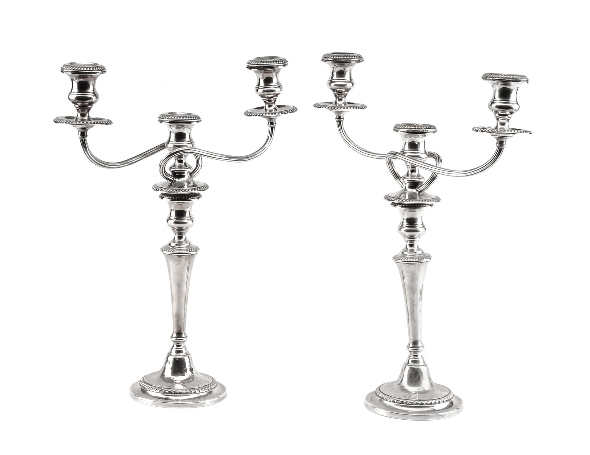 A Pair of American Silver Three-Light Candelabra, Gorham Mfg. Co., Providence, RI, each having three candle cups and a knopped stem wit