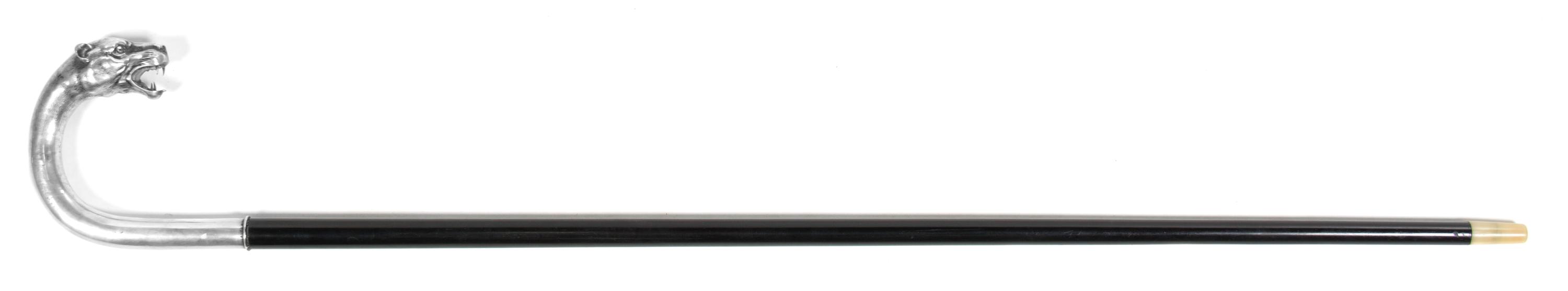 A German Silver Mounted Animalier Cane, Height overall 34 x width of handle 4 3/4 inches.