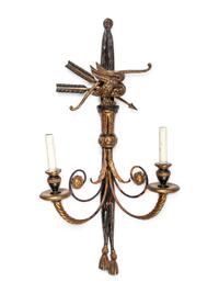 A Pair of Italian Painted and Giltwood Two-Light Sconces