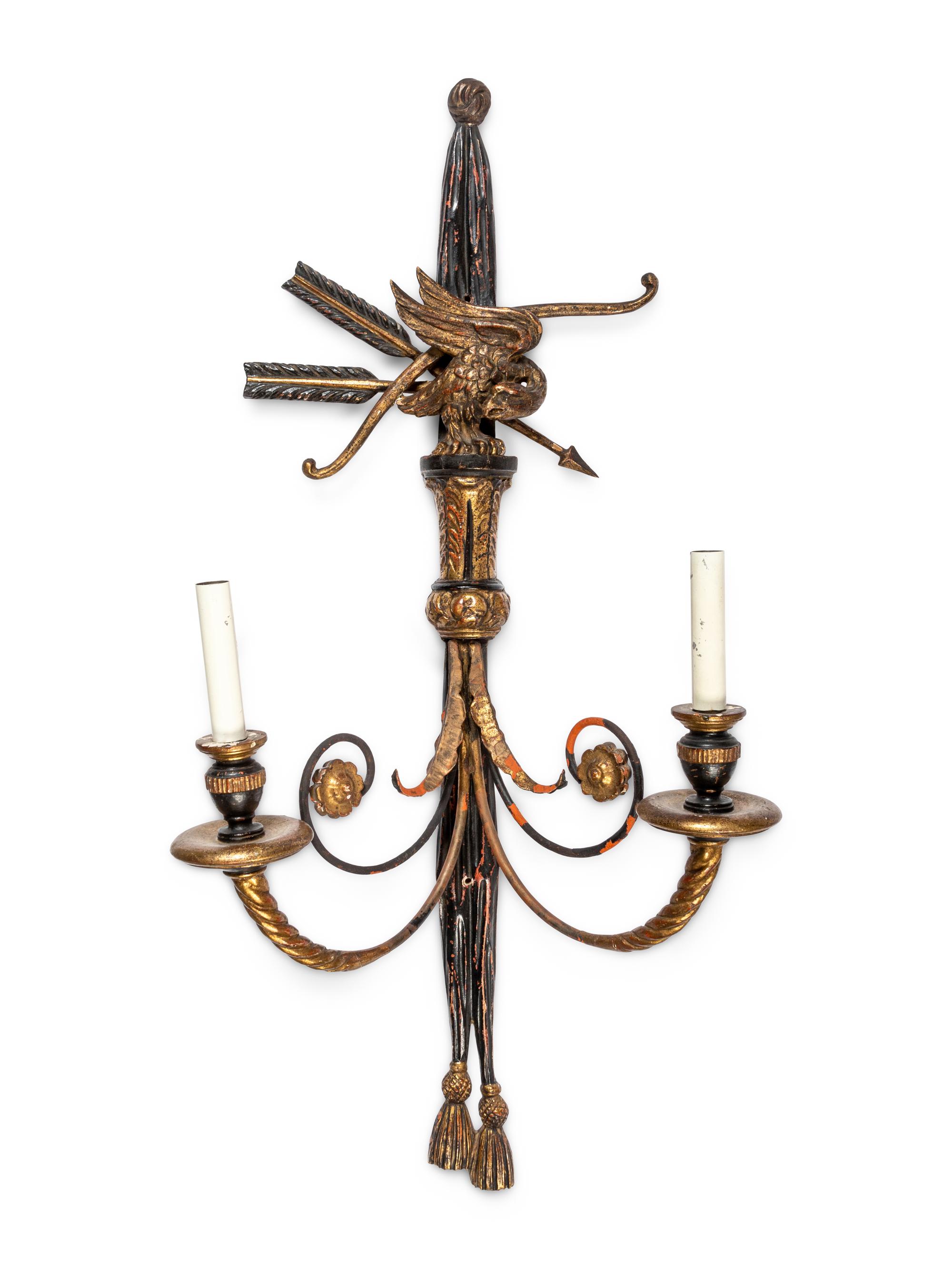 A Pair of Italian Painted and Giltwood Two-Light Sconces