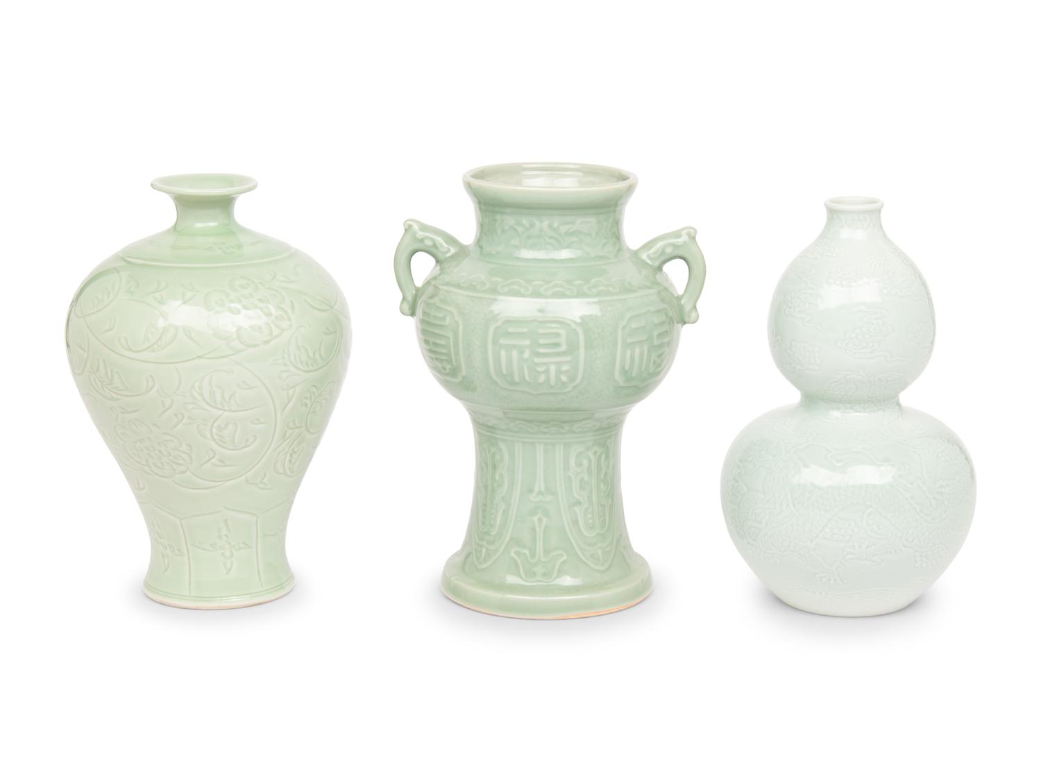 Three Celadon Glazed Porcelain Urns