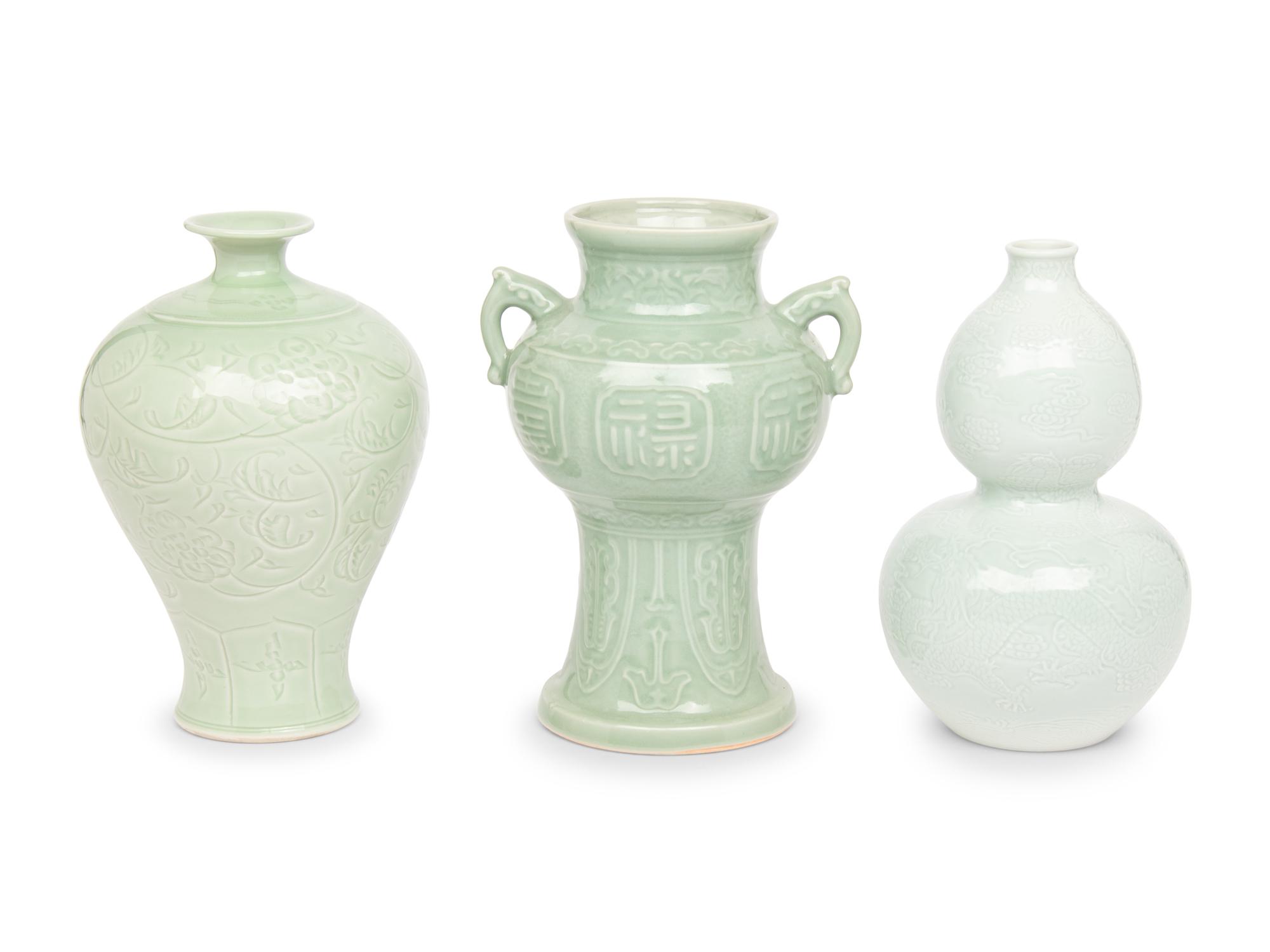 Three Celadon Glazed Porcelain Urns